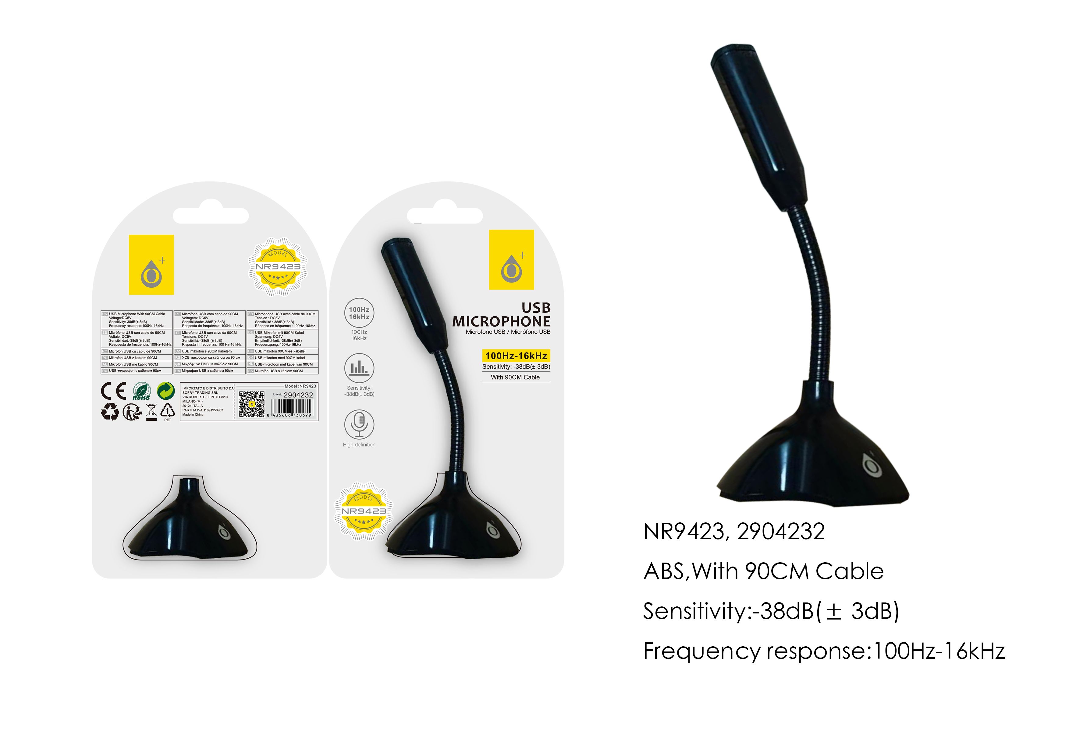 NR9423 NE Microfono USB con Soporte, Frecuncia 100Hz-16KHz, Con cable  de carga 90cm, Negro