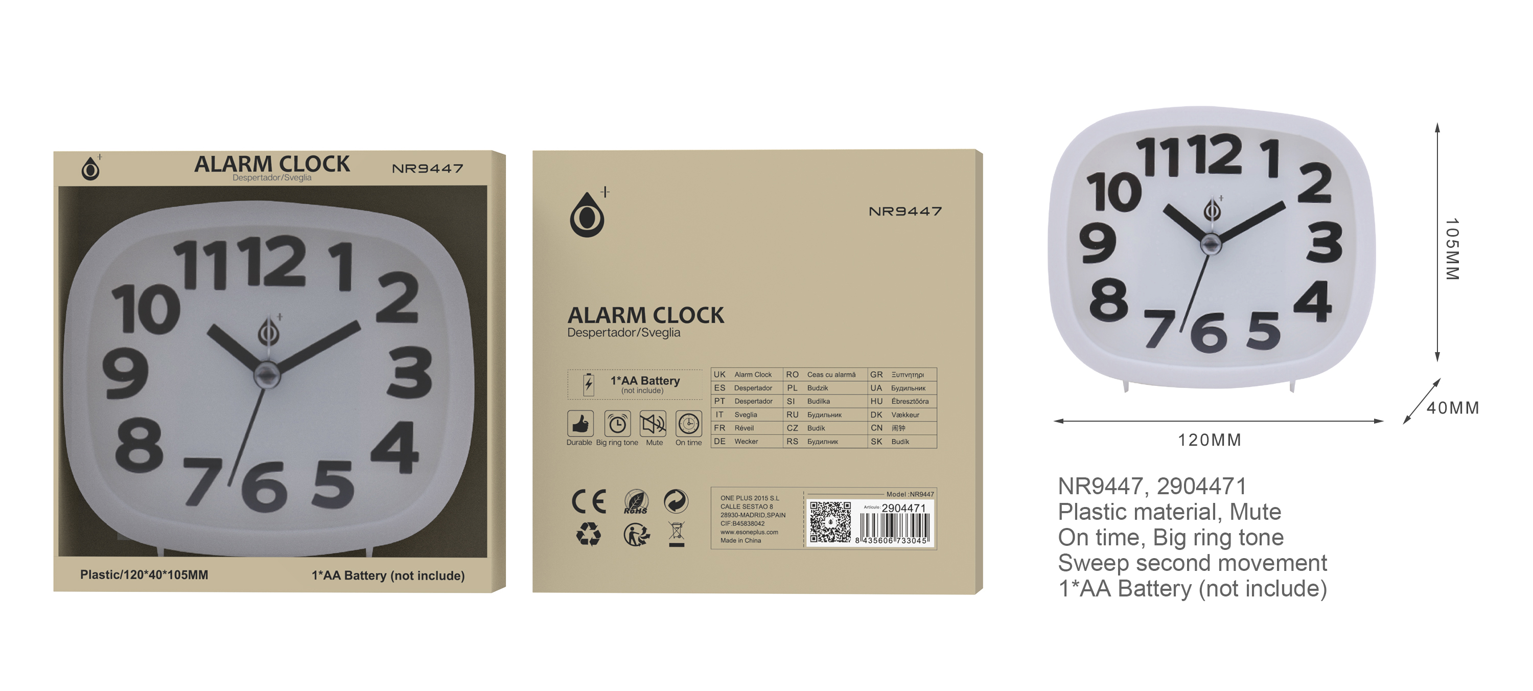 NR9447 BL Reloj con Despertador Sinlecioso Sin TIC TAC, Bateria 1*AA(No Incluido) , 120*40*105MM, Bl