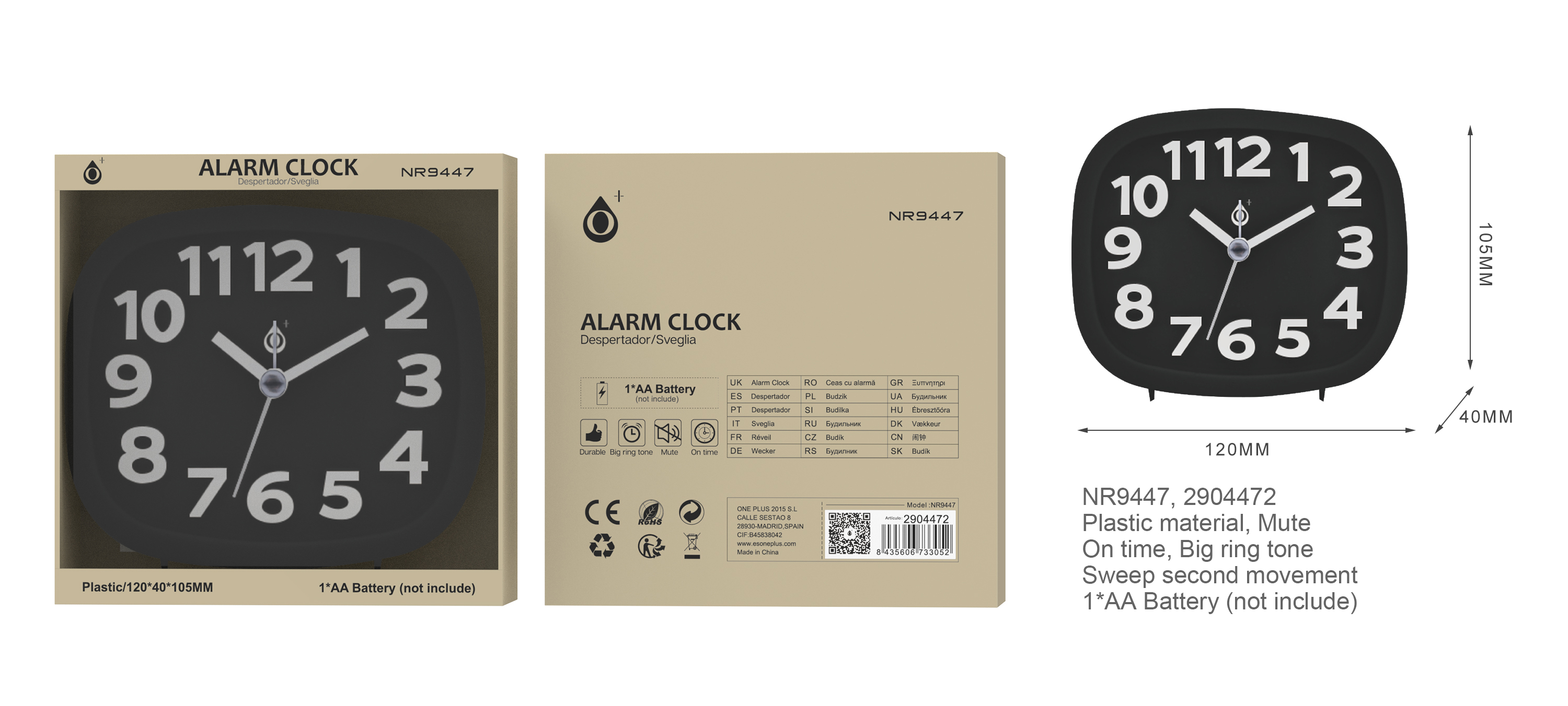 NR9447 NE Reloj con Despertador Sinlecioso Sin TIC TAC, Bateria 1*AA(No Incluido) , 120*40*105MM, Ne