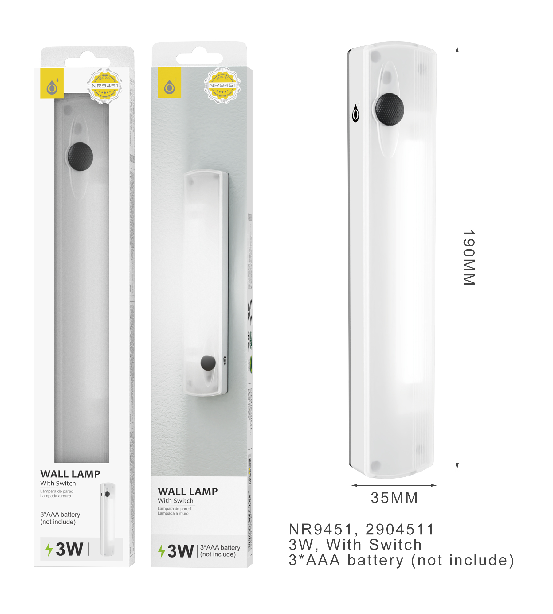 NR9451 BL Lampara  LED de Pared,  con interruptor ON/OFF, 3W, Bateria 3*AAA (NO incluye) 3W, 35*190M