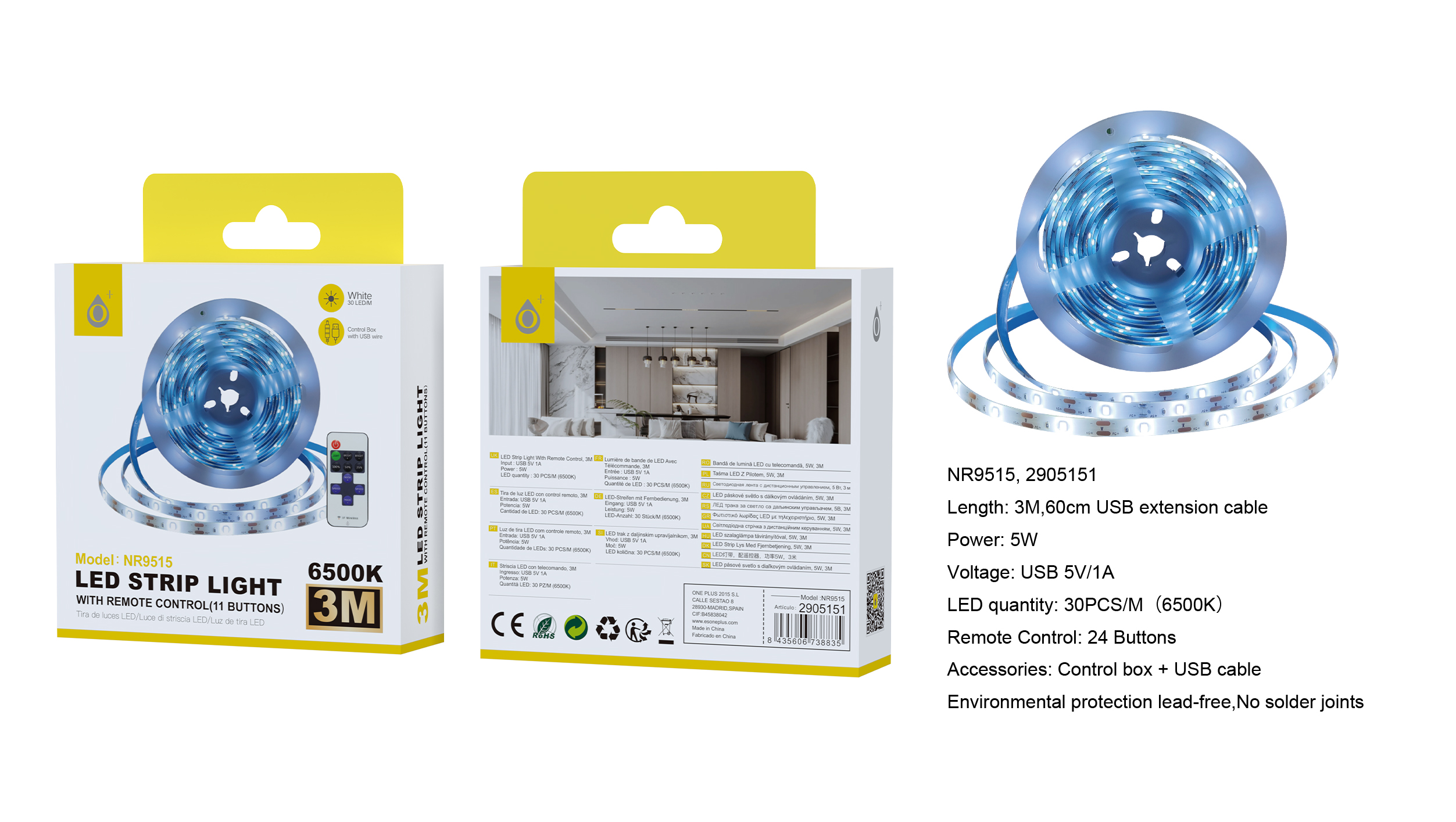 NR9515  Tira de Luces LED Sin Plomo, Luz Frio 6500K, Con control Remoto, 5W/5V/1A, cable 3M