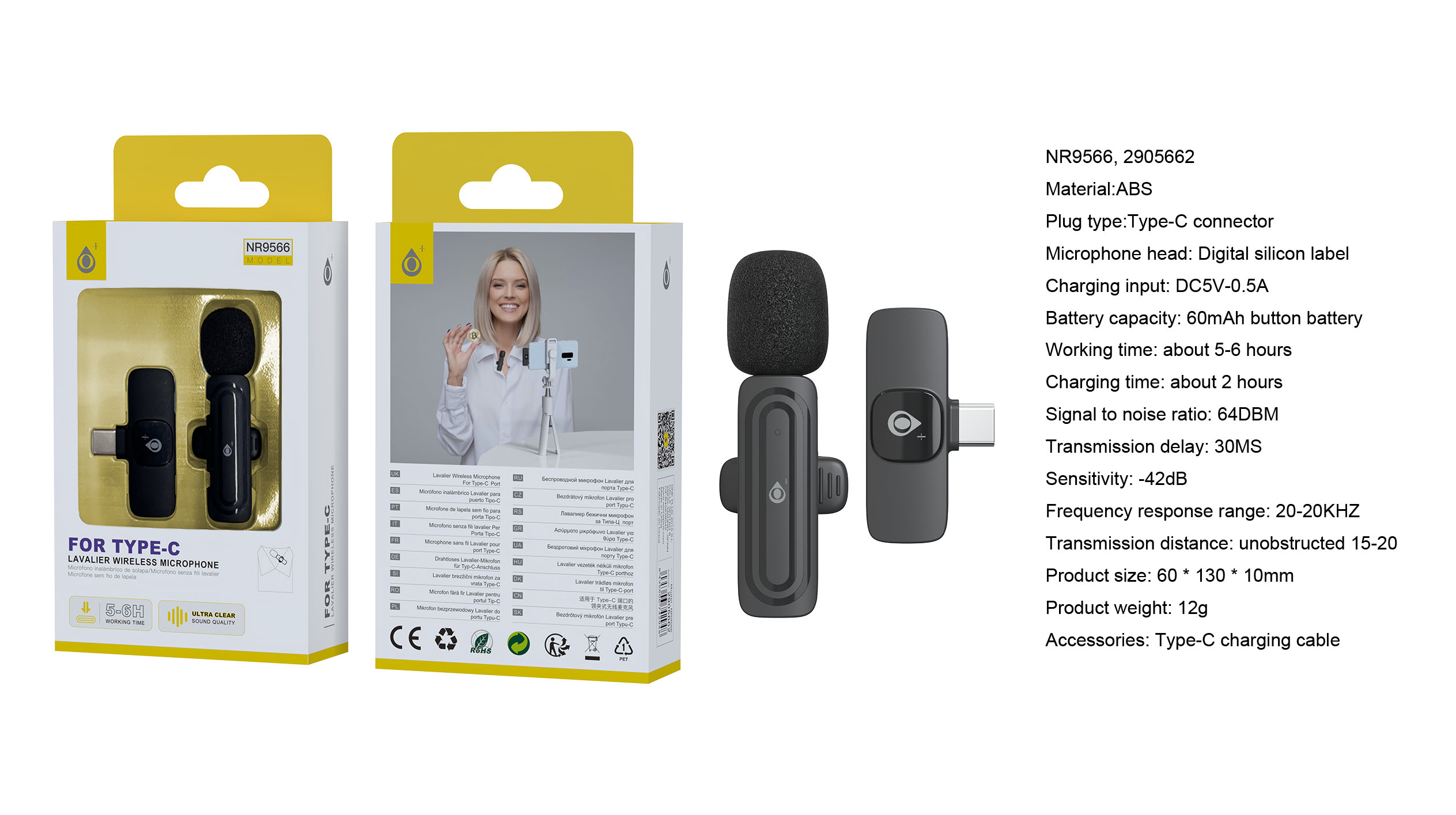 NR9566 NE Mini Microfono Type-C Bluetooth con Clip, Compatible con Apple, Bateria 60 mAh, Negro