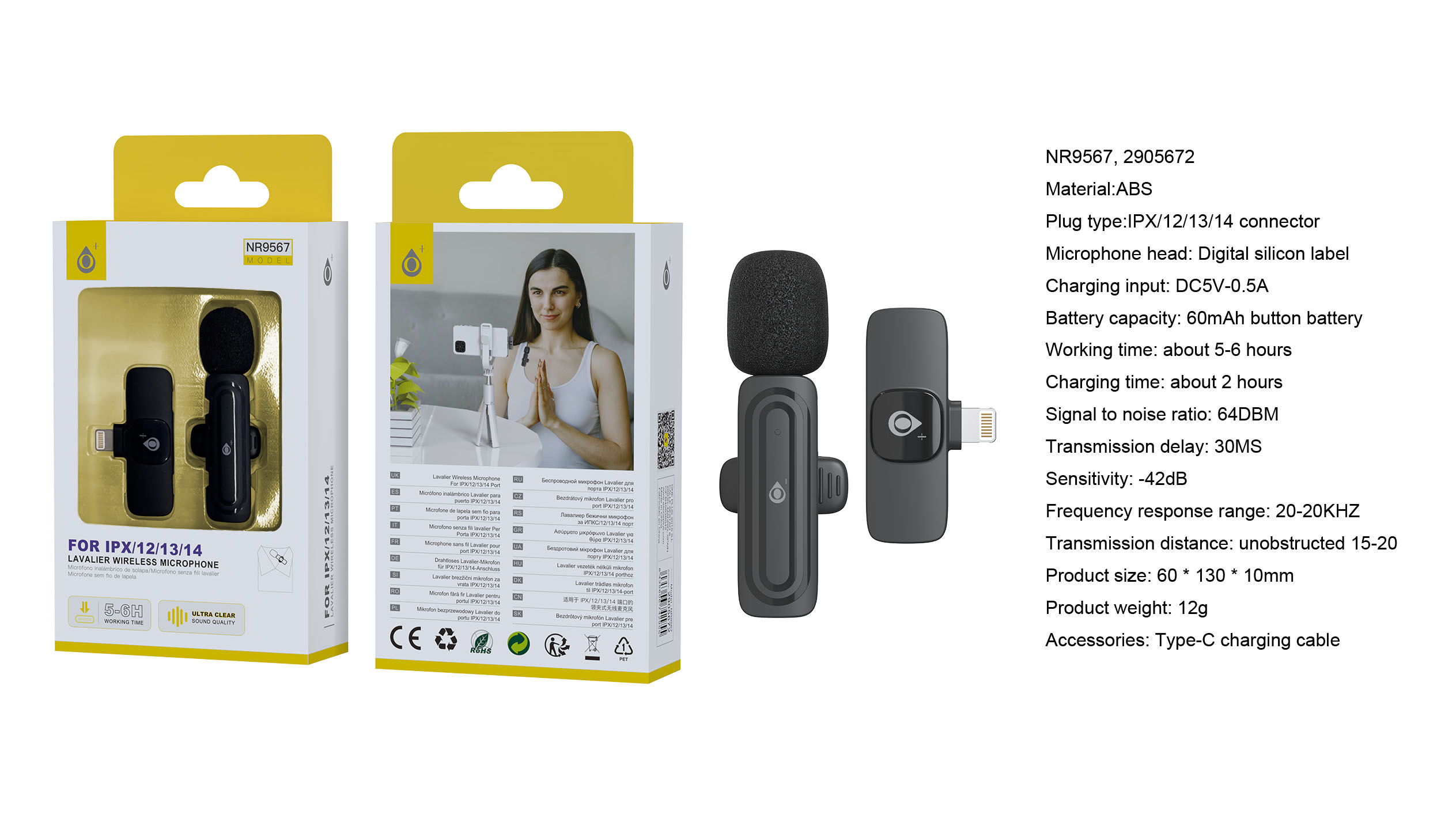 NR9567 NE Mini Microfono Light-ning Bluetooth con Clip, Bateria 60 mAh, Negro