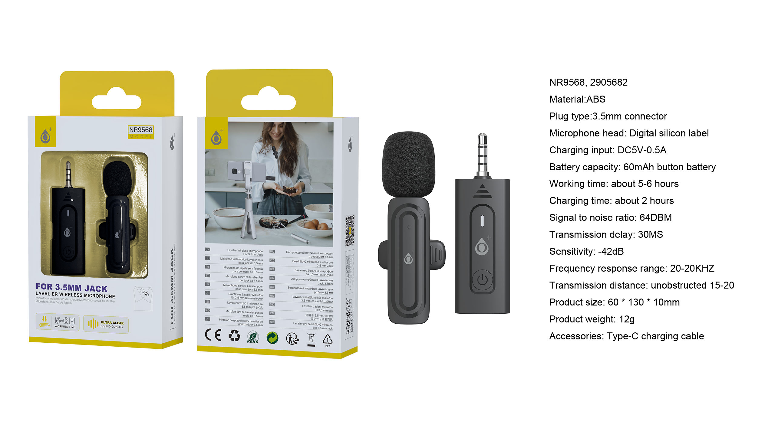 NR9568 NE Mini Microfono Jack 3.5mm Bluetooth con Clip, Bateria 60 mAh, Negro
