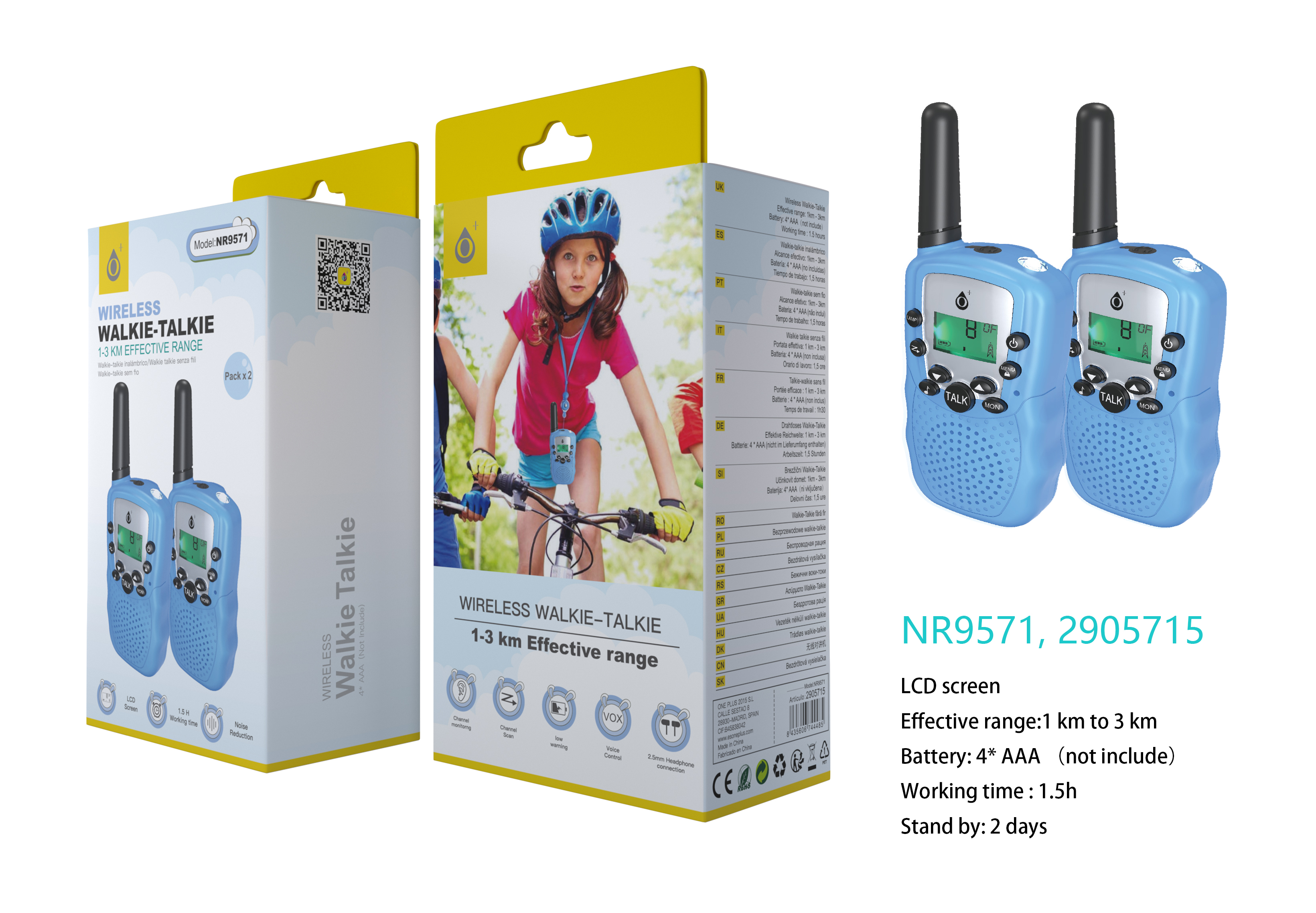 NR9571 AZ Walkie Talkie para Ninos pack *2, Pantalla LCD, Con linterna, Distancia hasta 3KM, Bateria AAAx4(No incluido), Azul