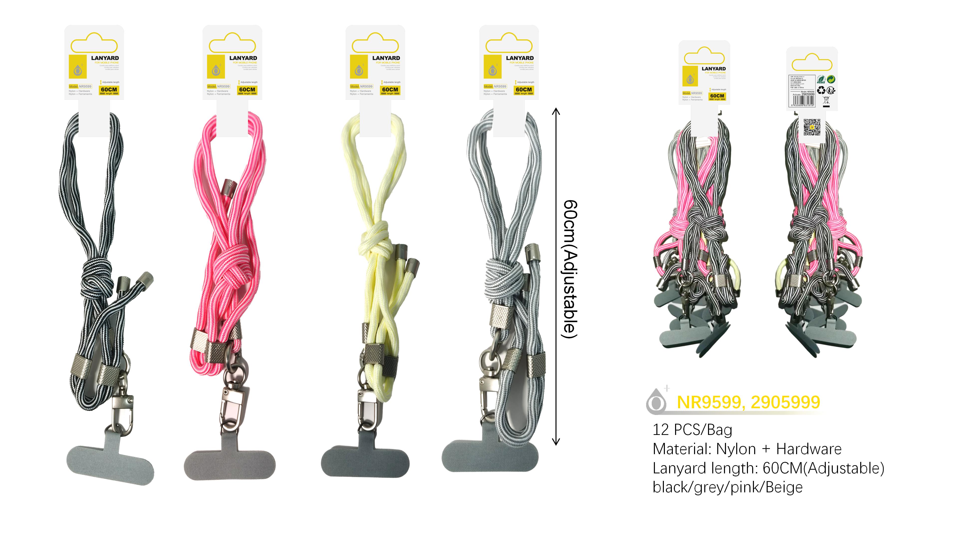 NR9599 Correa de Nylon 60CM regulable para Movil , Pack de 12 color surtido