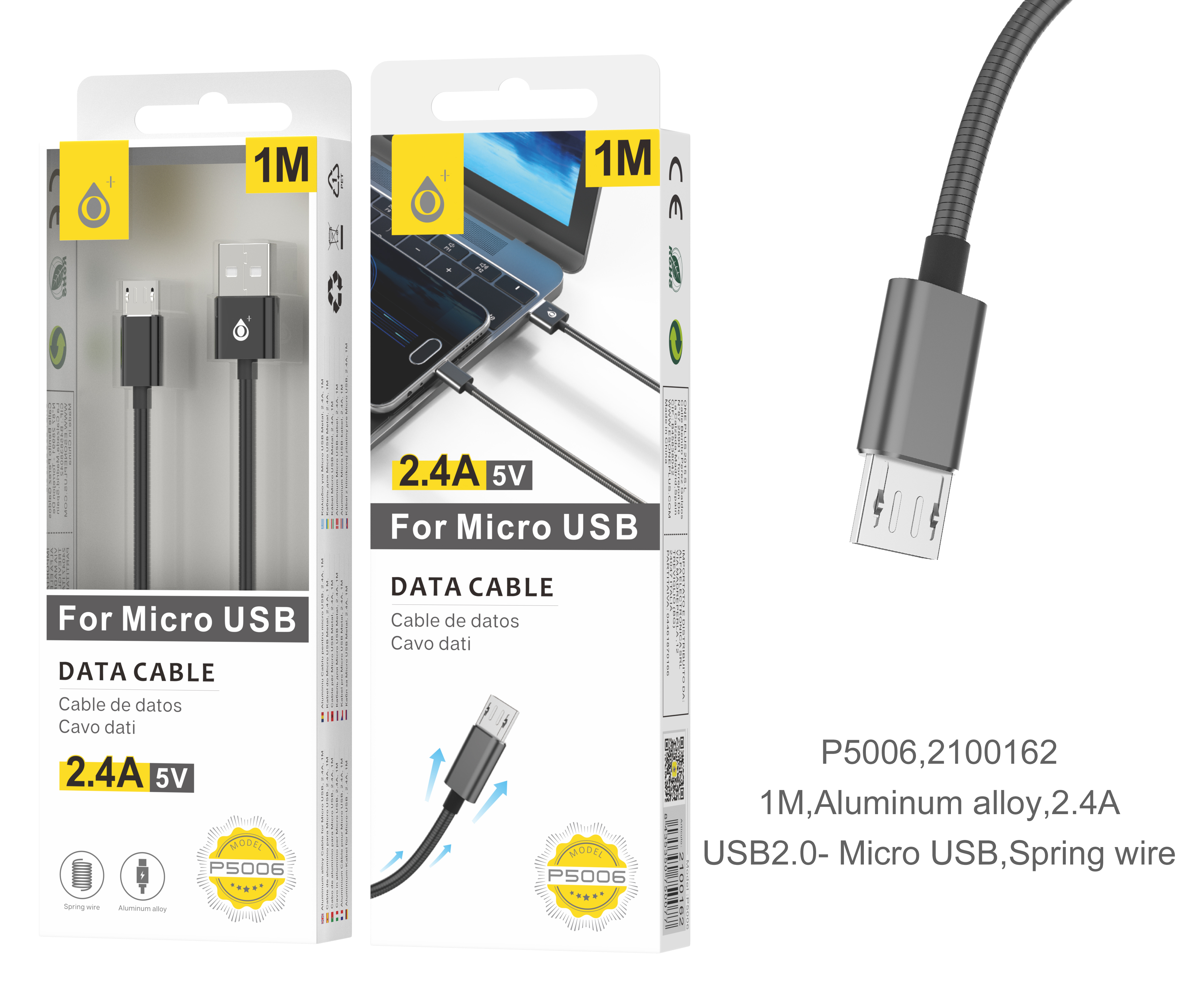 P5006 NE Cable de dato Merga Metalico para MicroUSB Negro, 2A, 1M