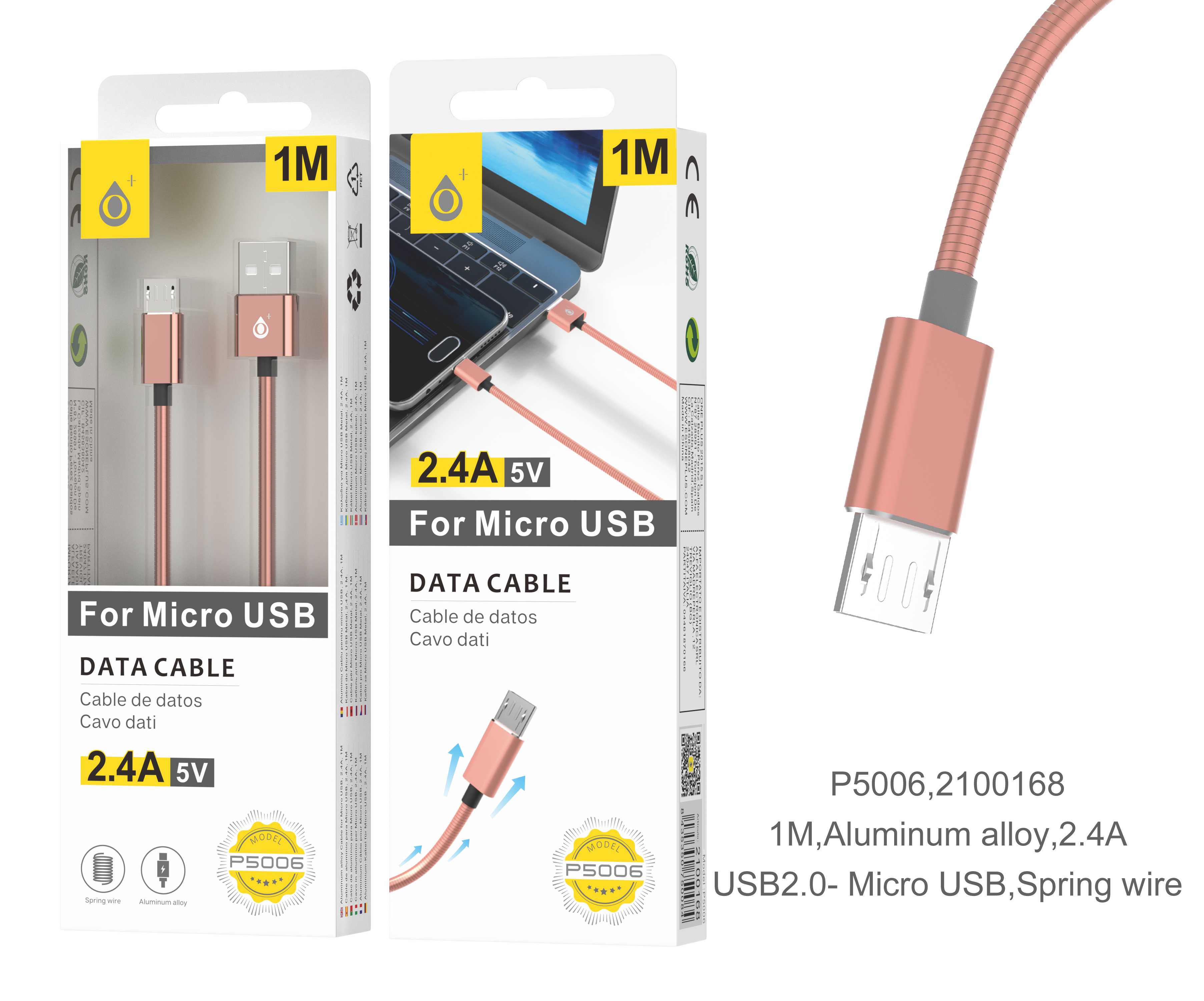 P5006 RS Cable de datos Merga Metalico para Micro USB, 2A, 1M Rosa