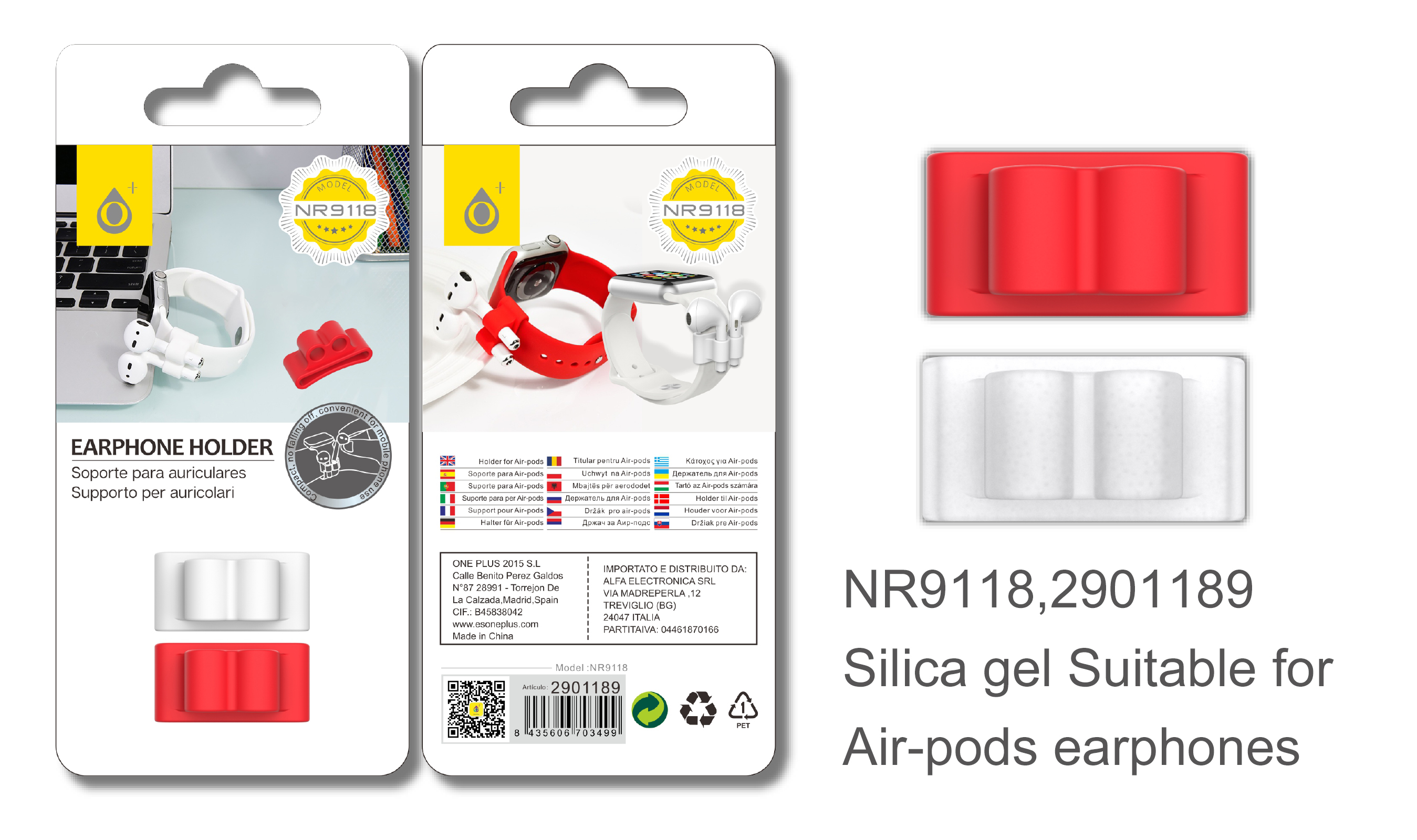 RJ NR9118 Soporte de Earpods para banda de Reloj, 2 en 1, Color Balnco y Rojo