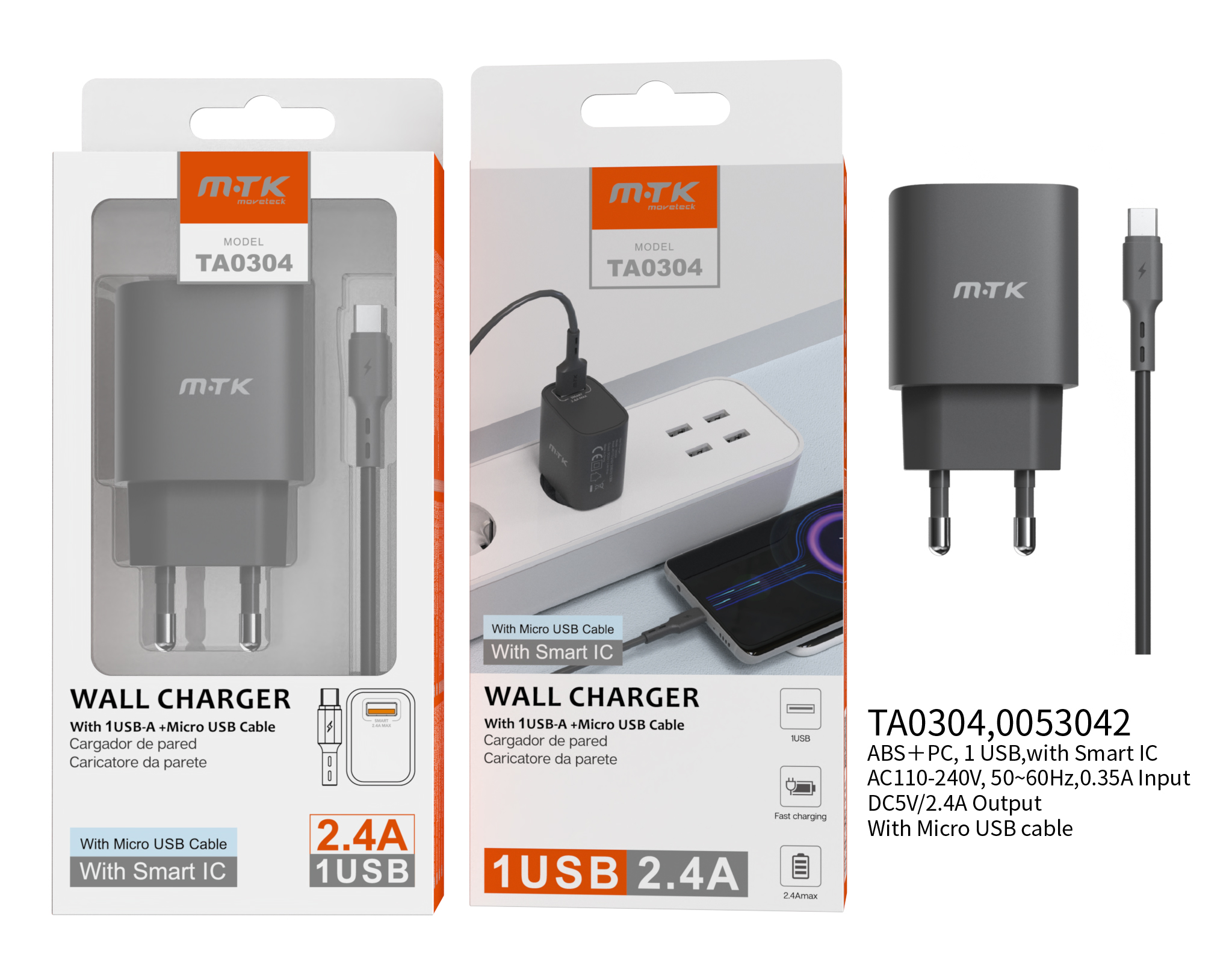 TA0304 NE Cargador de Pared Milky, Con Cable Micro USB, con Chip de Reconocimiento Inteligente,  1 U