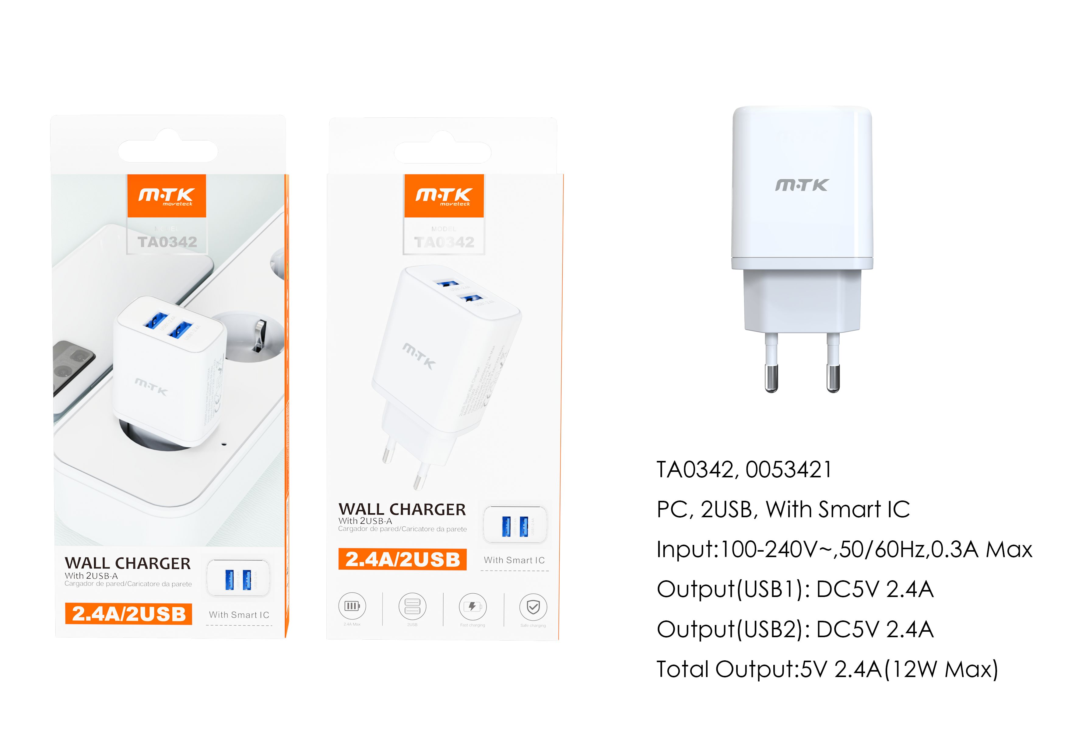 TA0342 BL Cargador de Red Marga 2 USB Sin cable, Con Chip de Reconocimiento Inteligente, 5V/2.4A(12w