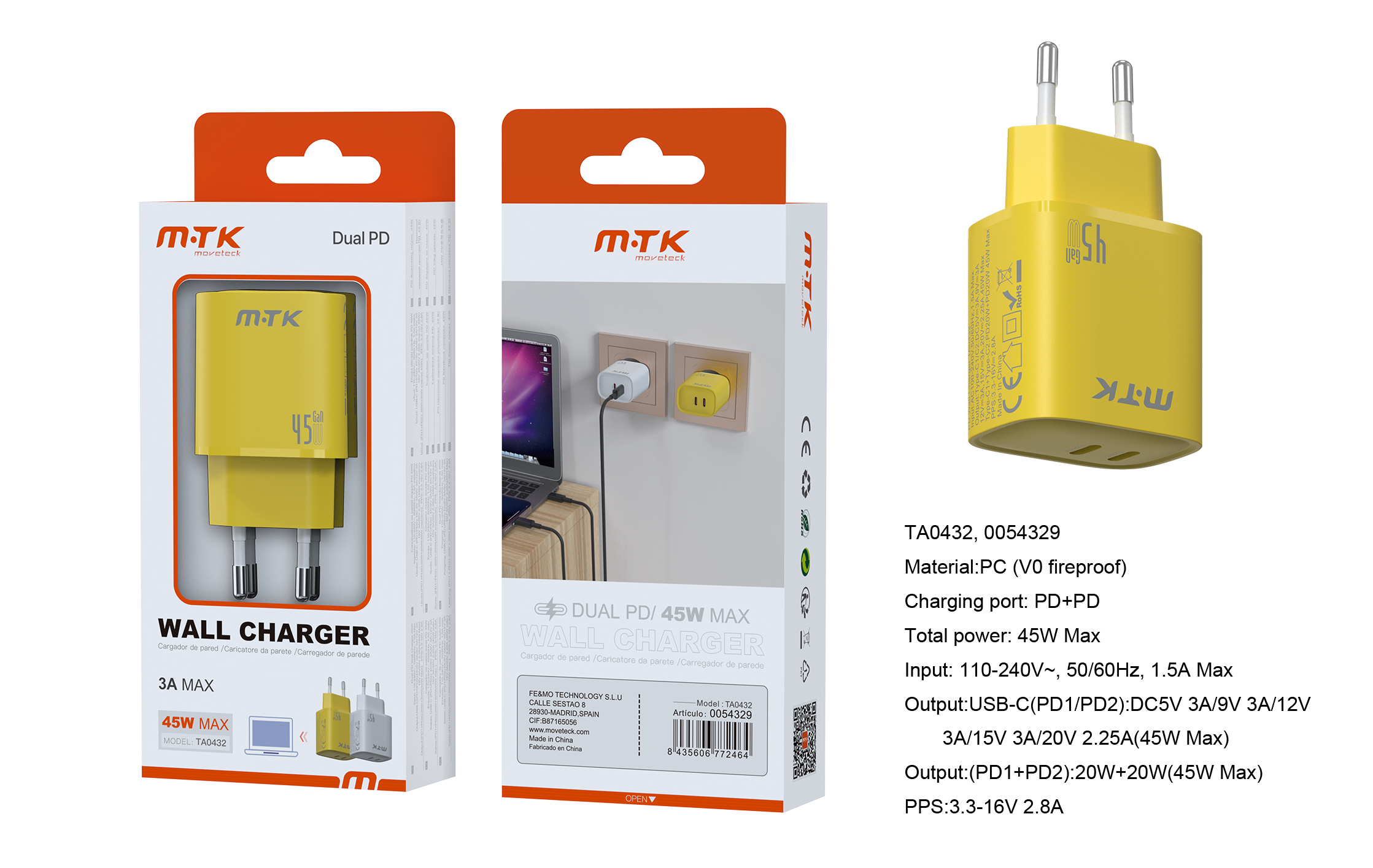 TA0432 AM Luxury Cargador GaN de red rapida Arlo, 2 puertos USB-C PD,  Sin cable, 45W/3A(Max), Amarillo