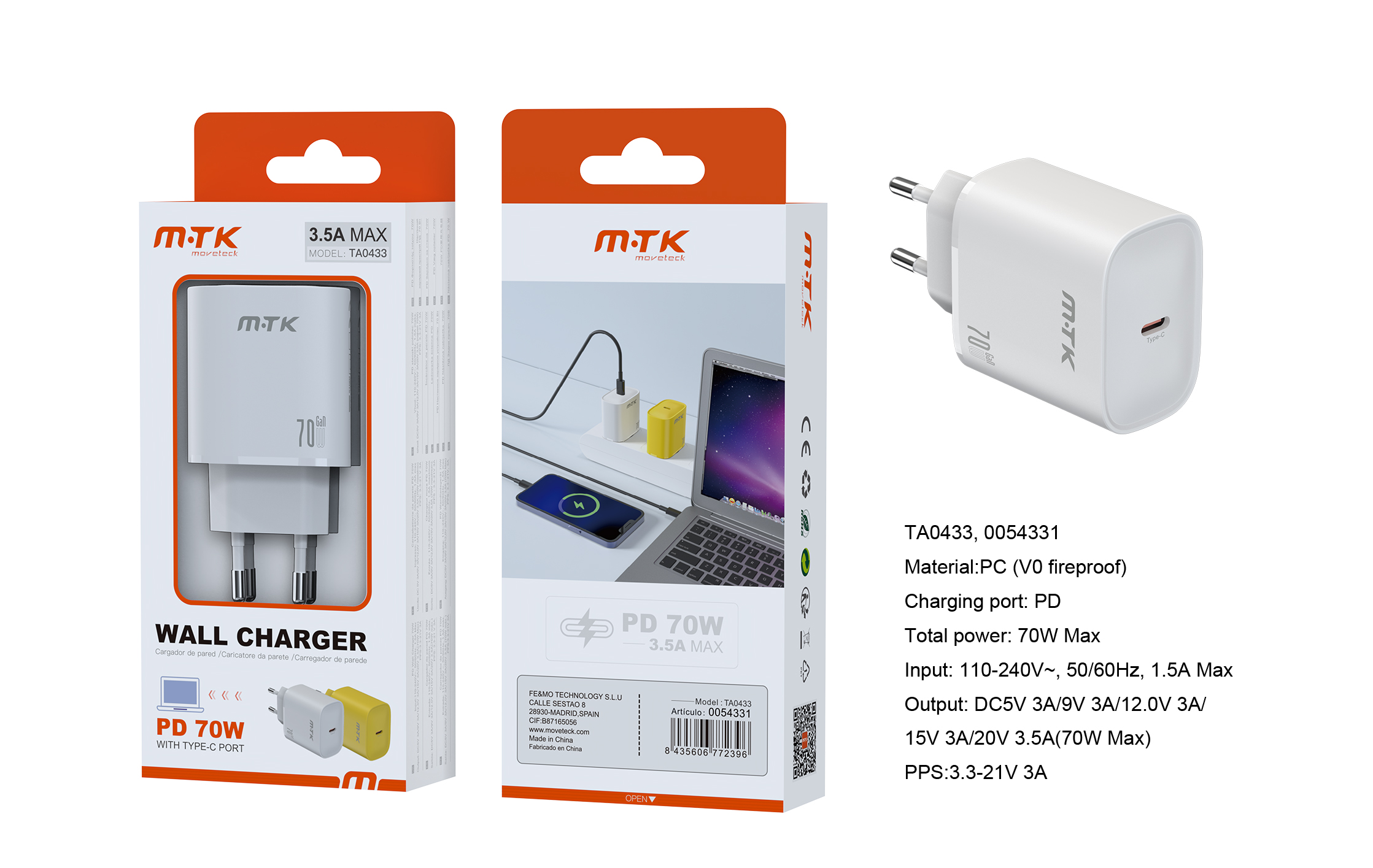 TA0433 BL Luxury Cargador GaN de red rapida Arlo, 1 puerto USB-C PD,  Sin cable, 70W/3.5A(Max), Blanco