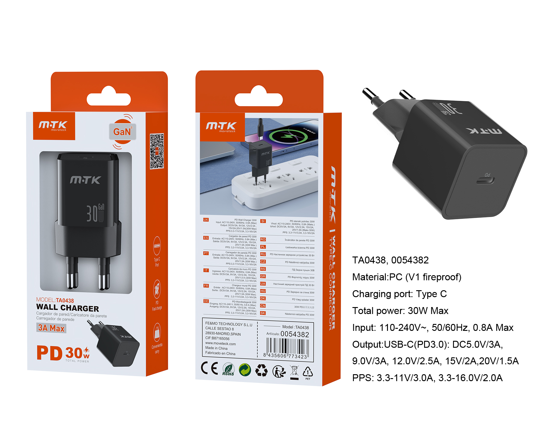 TA0438 NE Cargador GaN de red rapida Sauce, 1 puerto USB-C PD,  Sin Cable, 30W/3A(Max), Negro