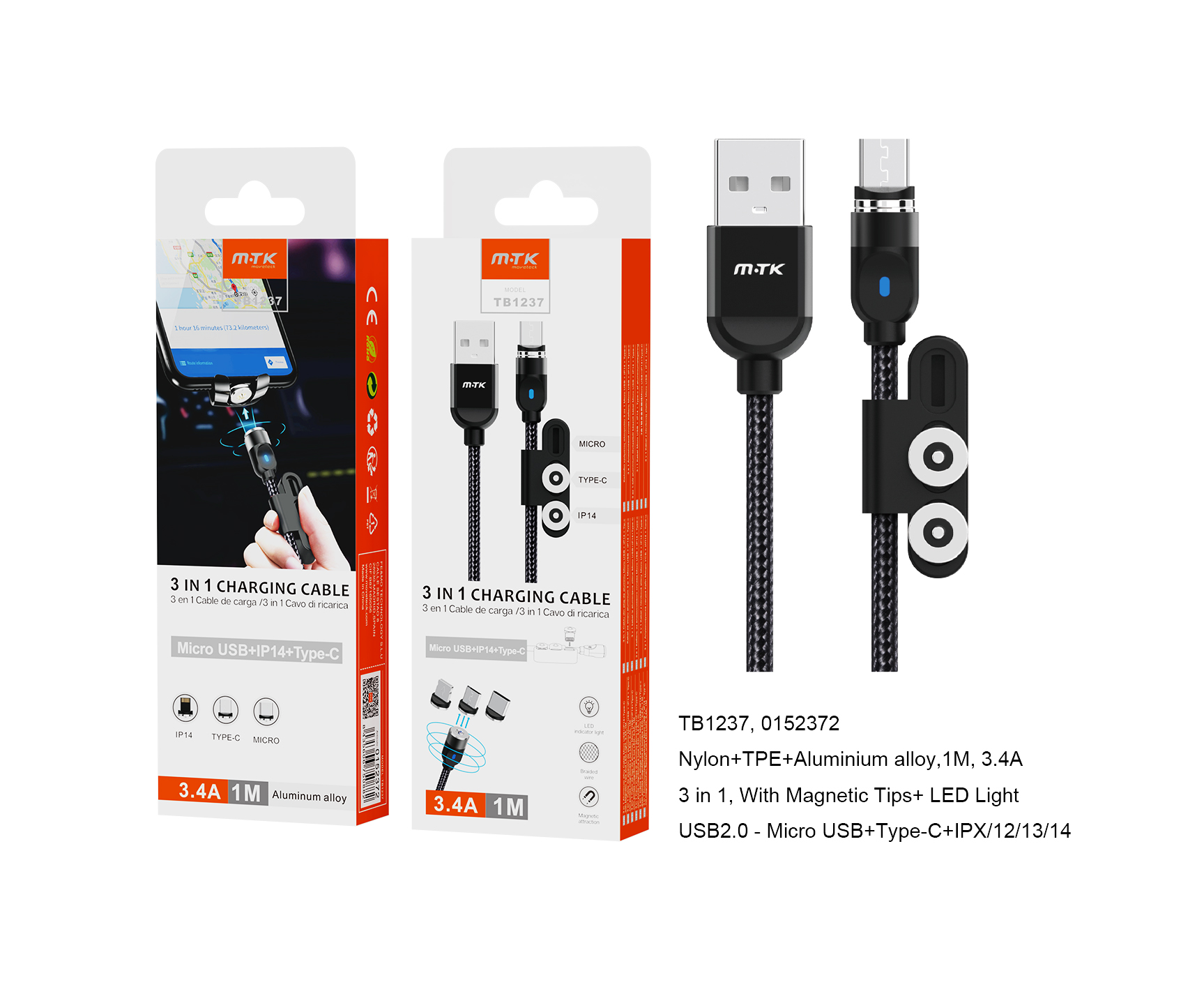 TB1237 NE Cable de Carga 3 en 1 con Conectores Magneticos para MicroUSB, IP 5-11 y Type C, 3.4A 1M,