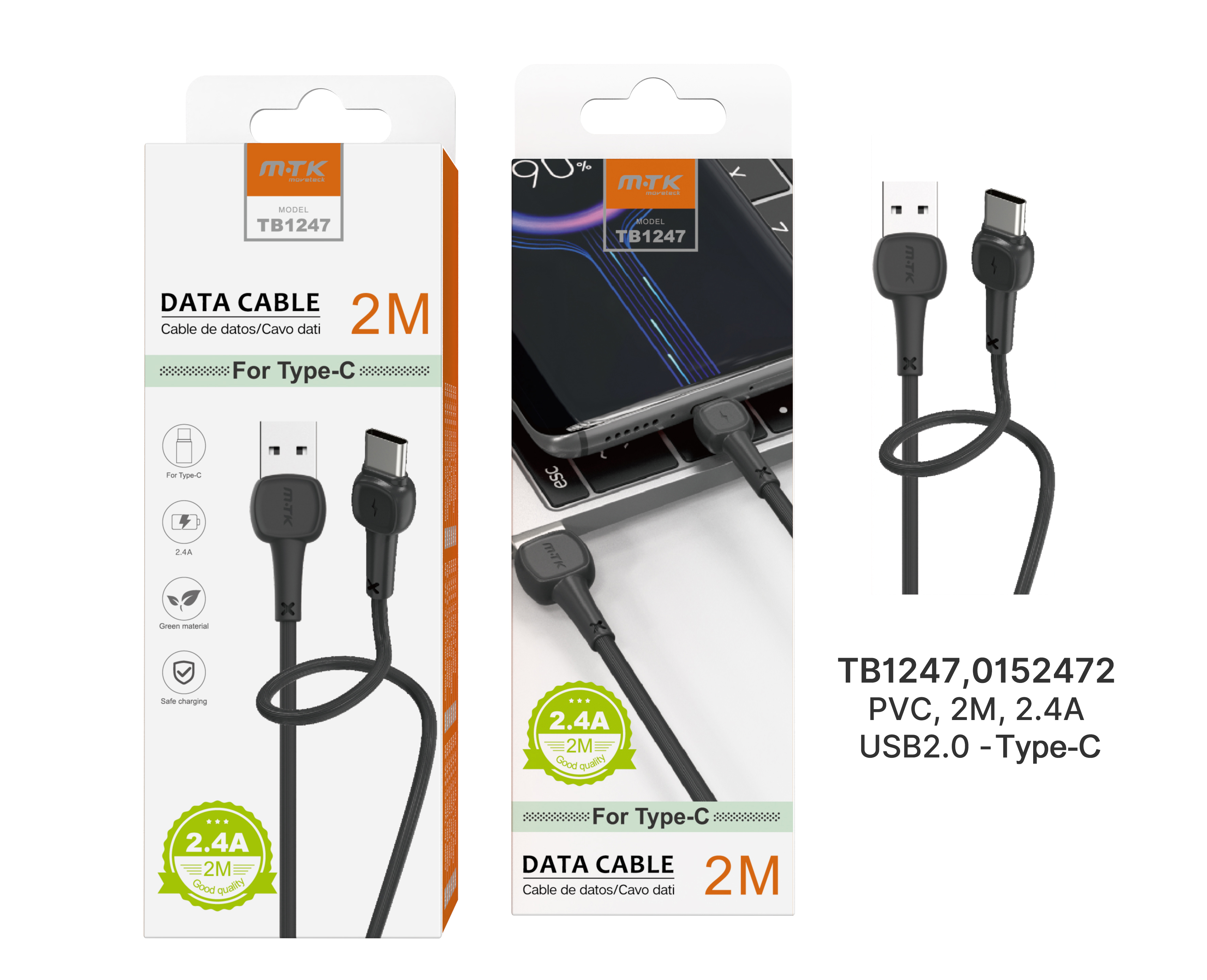 TB1247 NE Cable de Datos M.Karron para Type C, 2,0A 2.0M, Negro