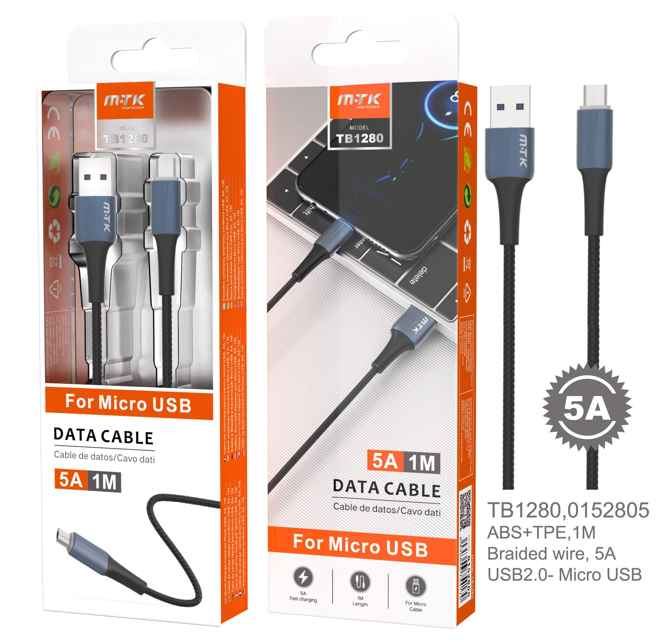 TB1280 AZ Cable de Datos Metal Sword para Micro USB, Cable Nylon trenzado con Luz LED Azul, 1M, 5A, Azul