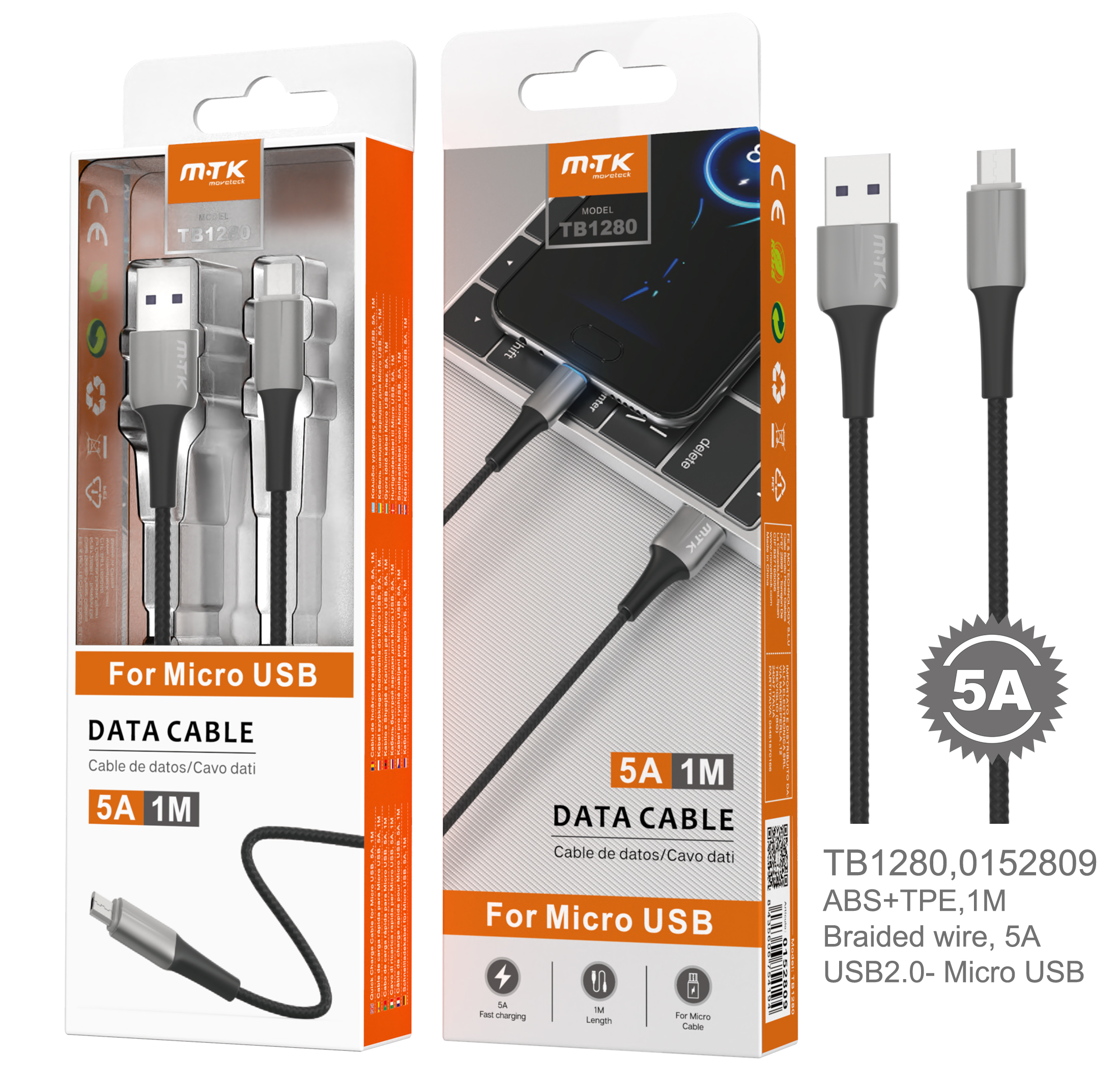 TB1280 GR Cable de Datos Metal Sword para Micro USB, Cable Nylon trenzado con Luz LED Azul, 1M, 5A, Gris