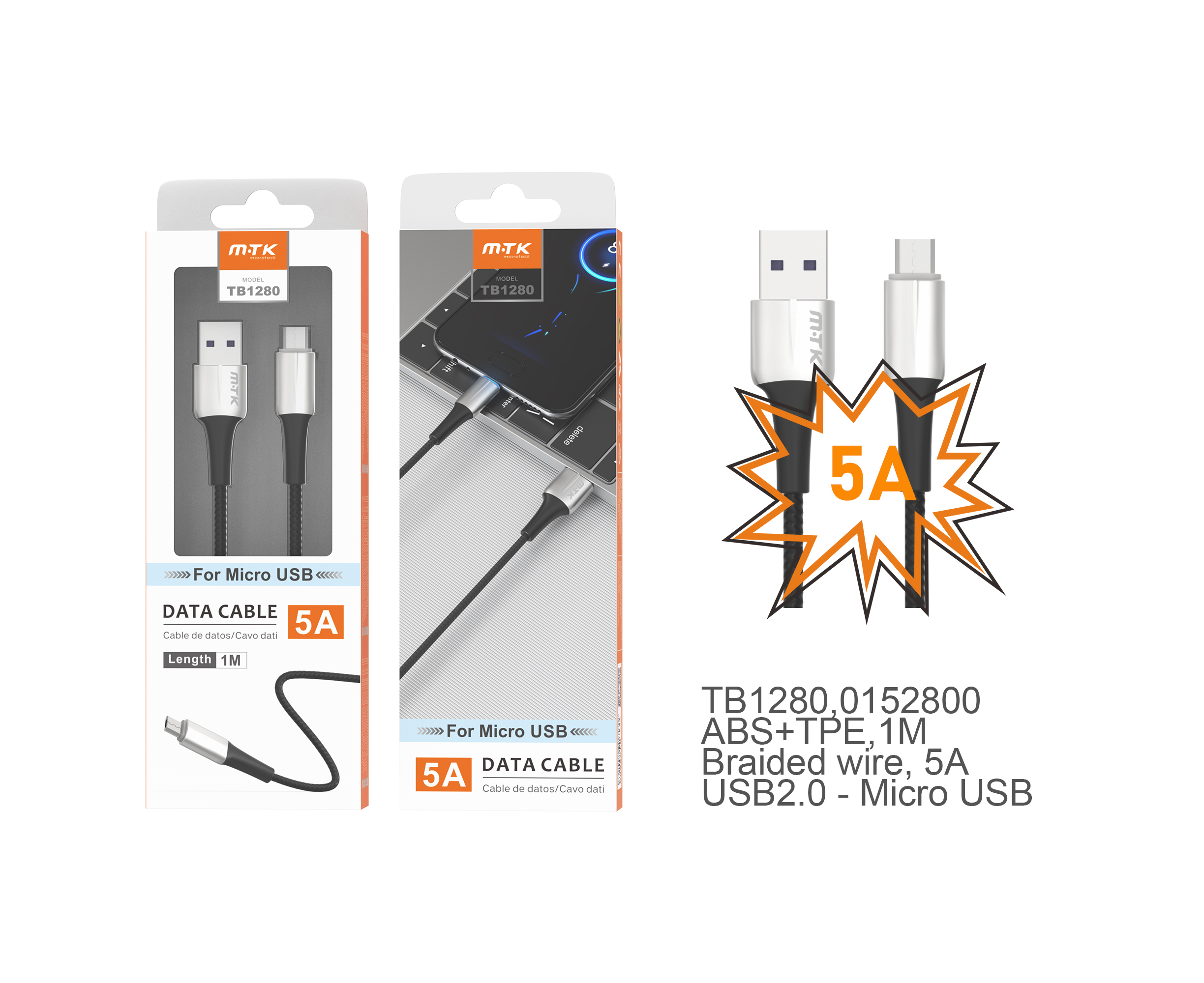 TB1280 PL Cable de Datos Metal Sword para Micro USB, Cable Nylon trenzado con Luz LED Azul, 1M, 5A, Plata