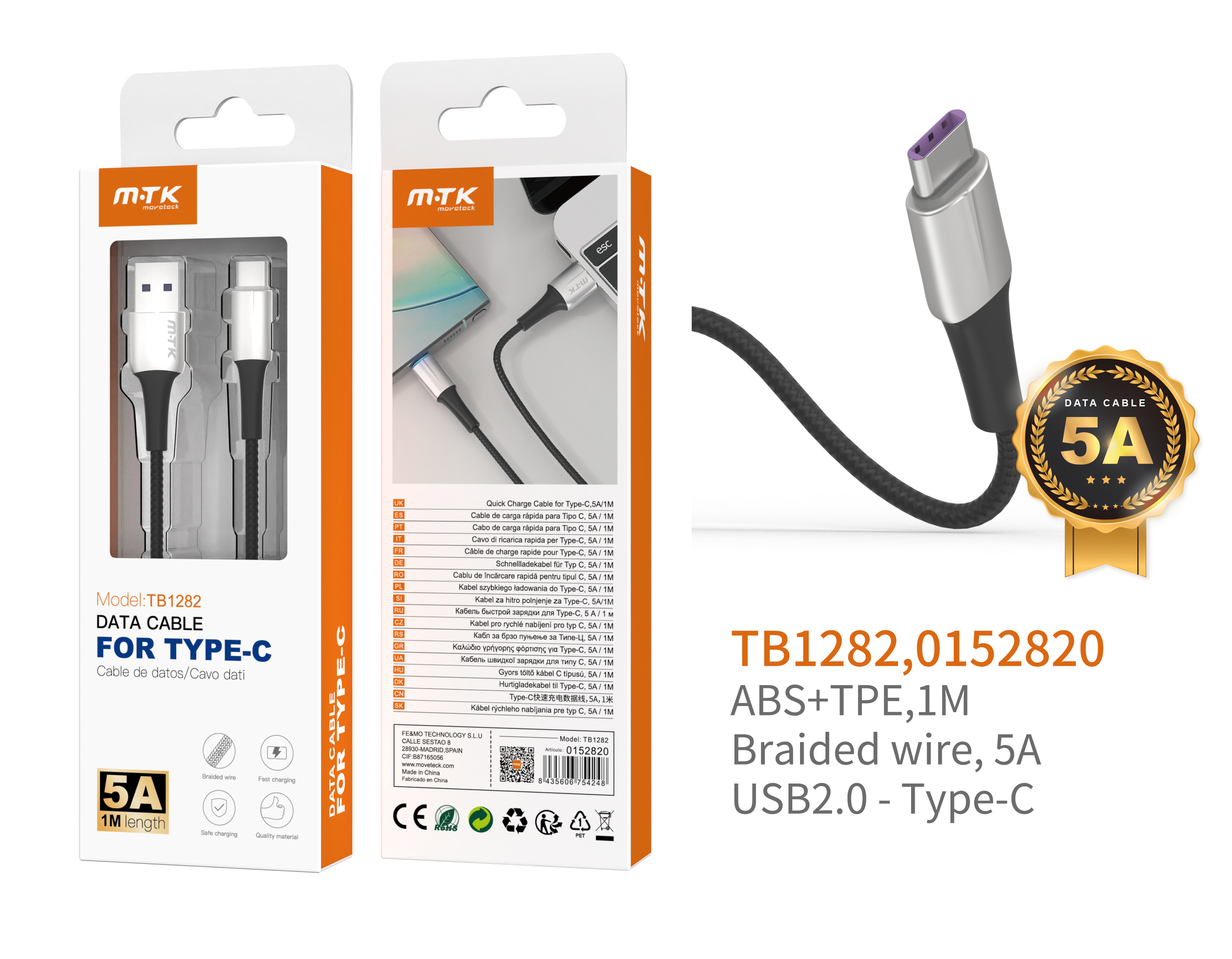 TB1282 PL Cable de Datos Metal Sword para Type C, Cable Nylon trenzado con Luz LED Azul, 1M, 5A, Plata