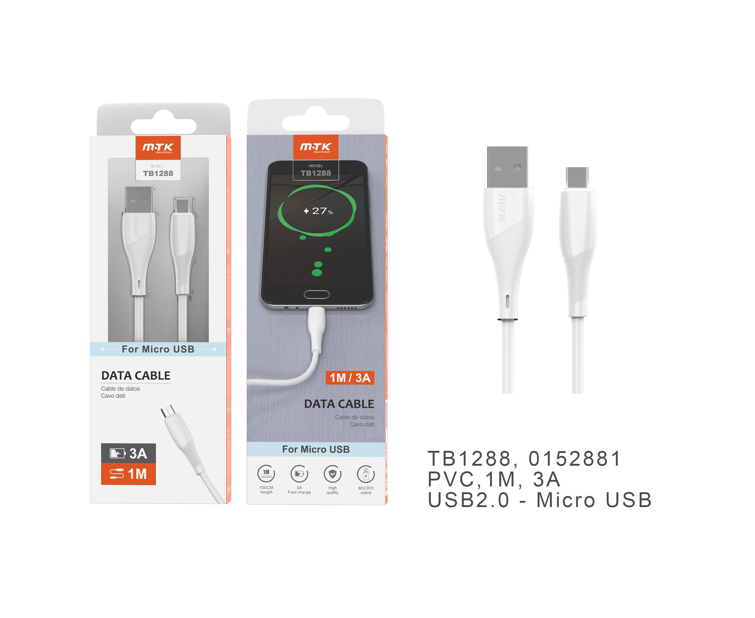 TB1288 BL Cable de datos PVC Venus para Micro USB, 1M, 3A BLANCO