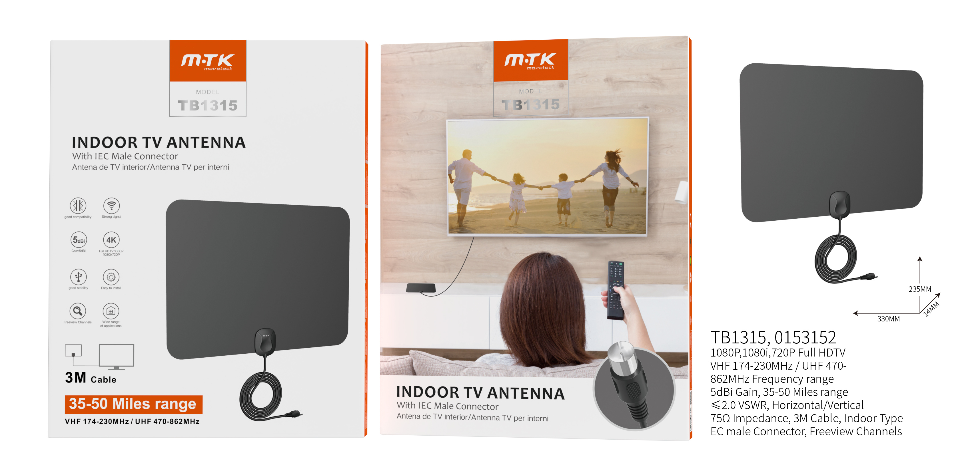 TB1315 NE Antena de TV Interior 4K  5DBI , Rango de 80 KM,3M,Negro