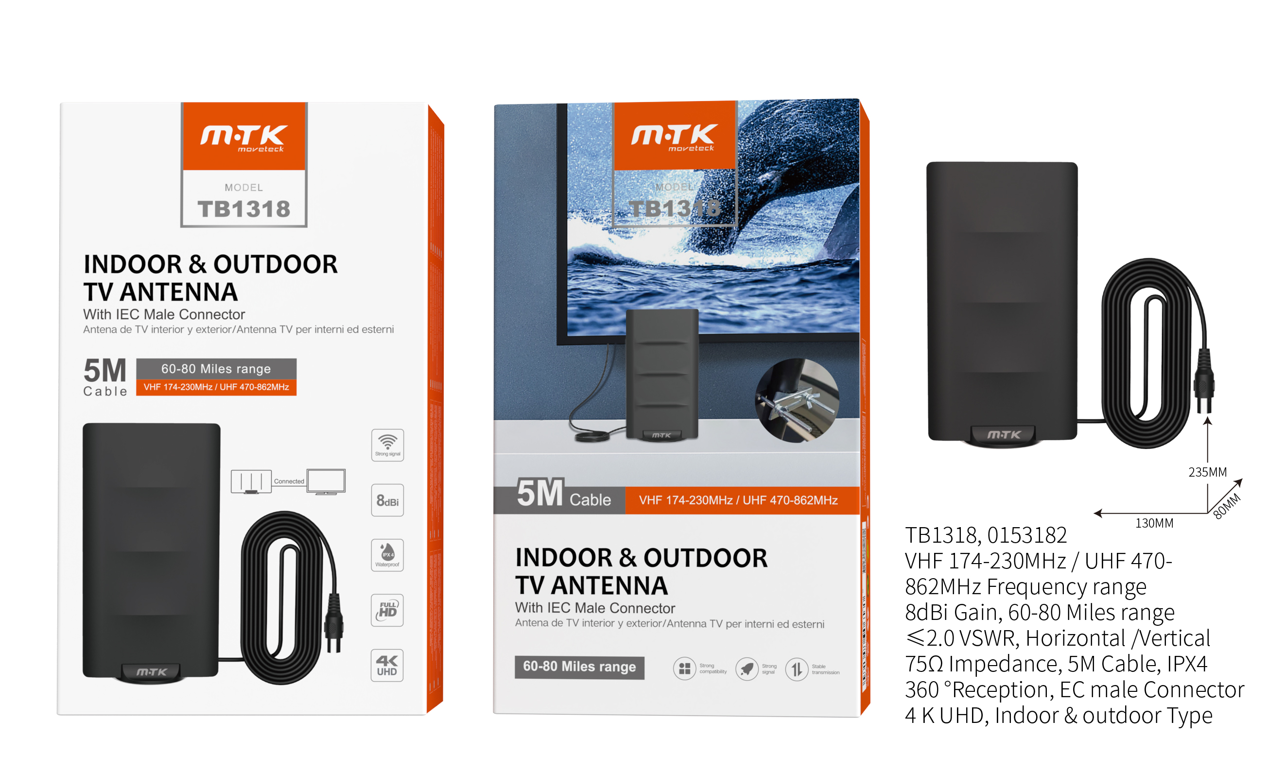 TB1318 NE Antena TV portatil Impermeable para interior y exterior  4K, 8DBI,Rango de 128 KM ,5M, Neg