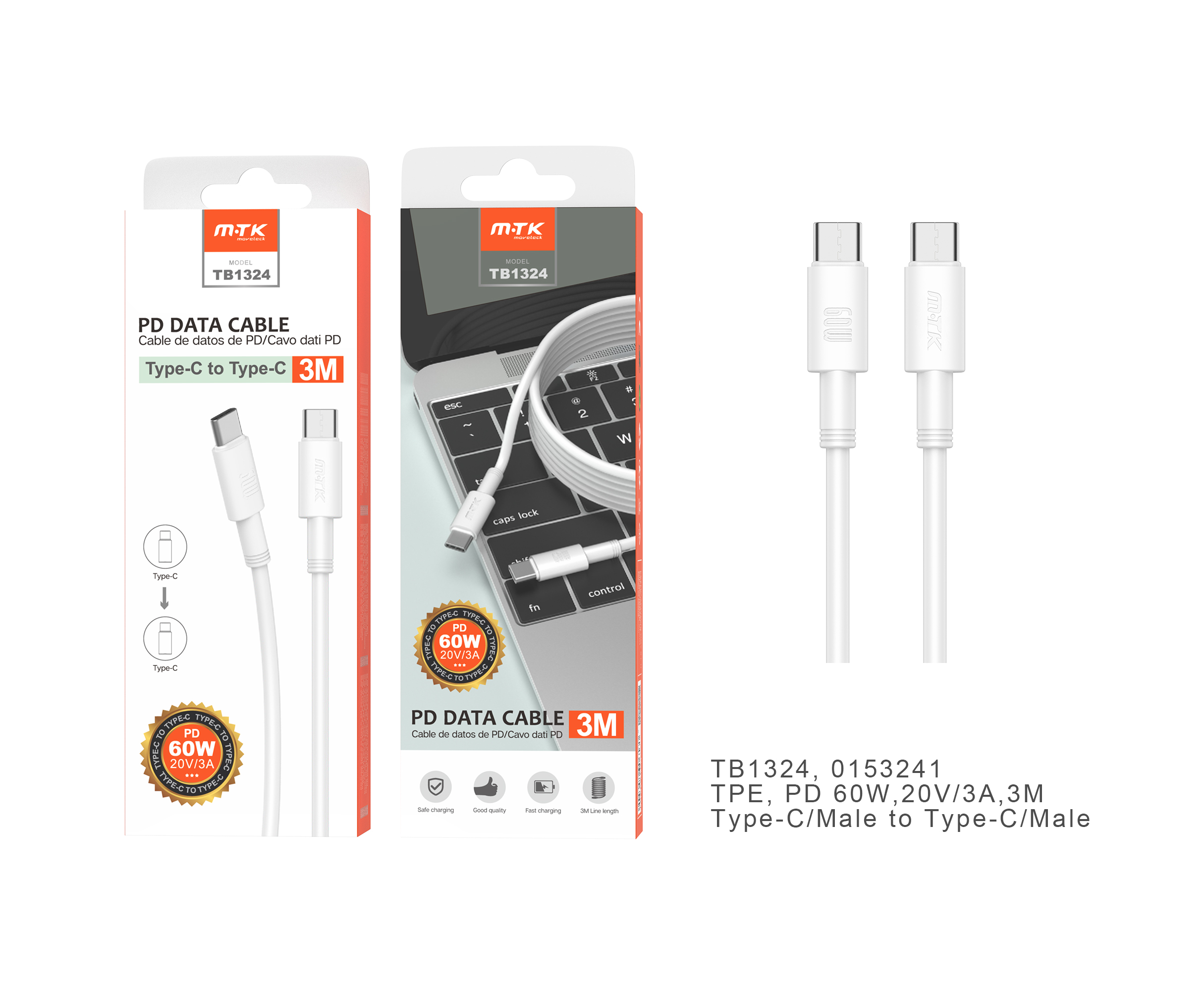 TB1324 BL Cable de Datos Swift Type-C a Type-C, Carga Rapida 60W 20V/3A ,Cable 3M ,Blanco