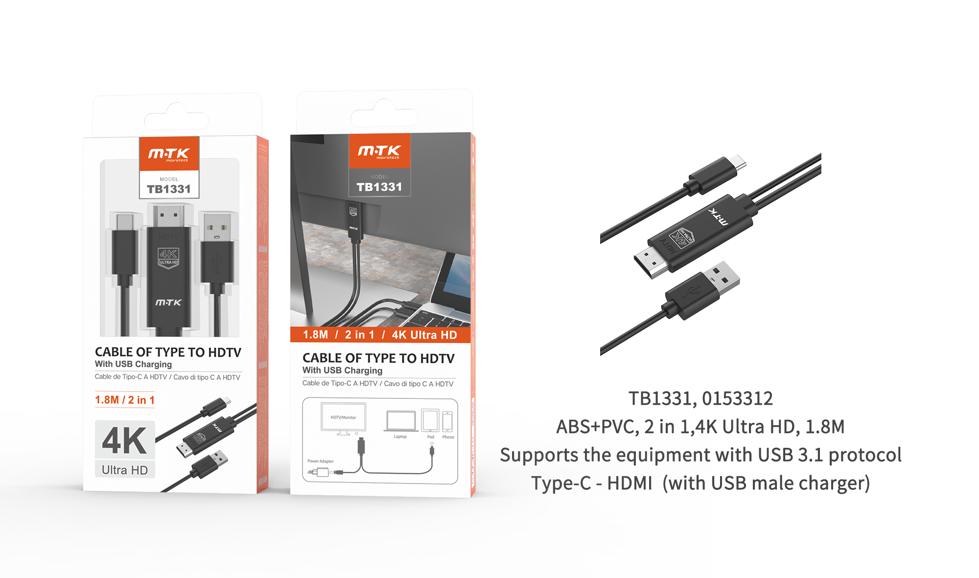 TB1331 NE Adaptador Type-C a HDMI Ultra 4K (Soportado dispositivo USB 3.1+),Cable 1.8m,Negro