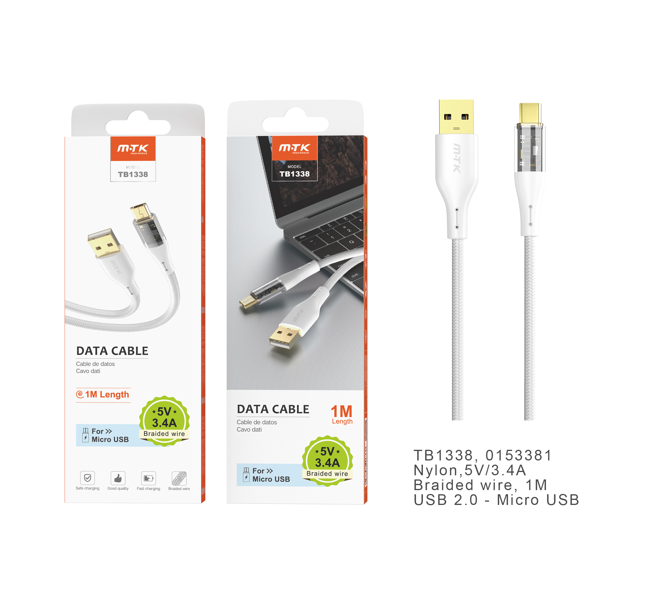 TB1338 BL Cable de datos Smith nylon trenzado para Micro USB, 3.4A, 1M, Blanco