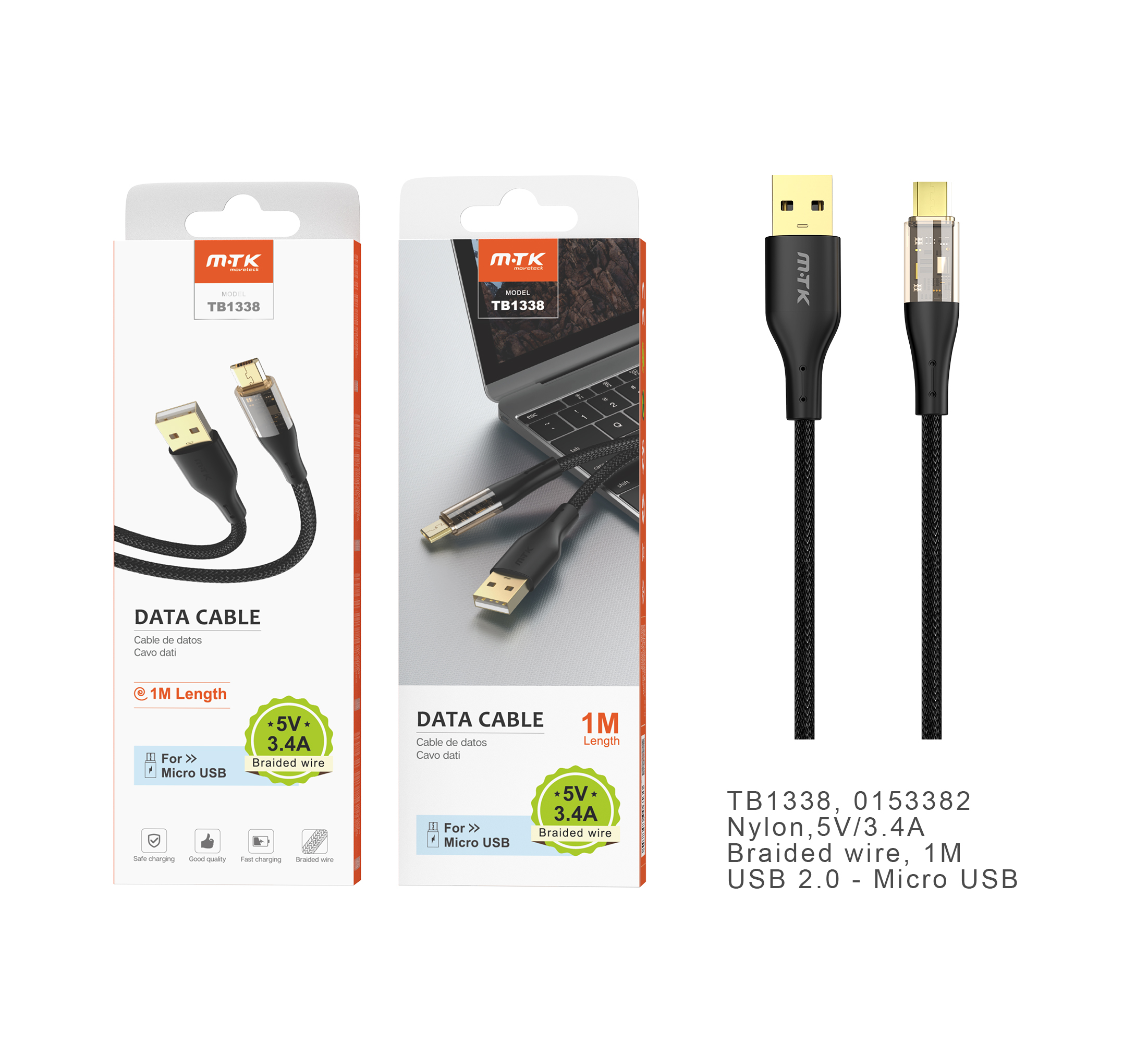 TB1338 NE Cable de datos Smith nylon trenzado para Micro USB, 3.4A, 1M, Negro