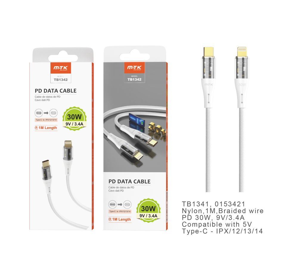 TB1342 BL Cable de datos Smith nylon trenzado para Type-C a Lightning , Carga Rapida PD,30W/9V/3.4A,