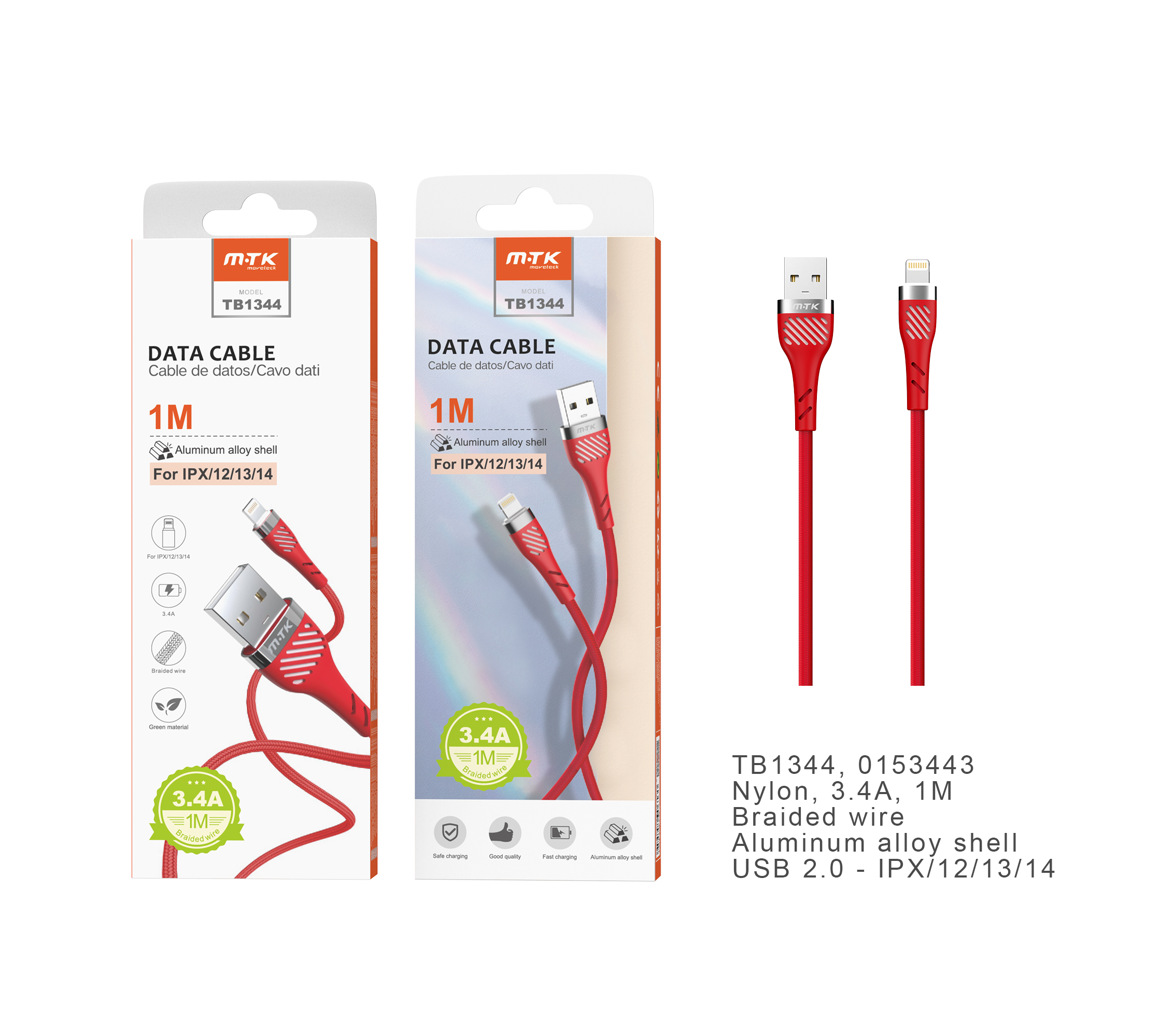 TB1344 RJ Cable de datos Camyl nylon trenzado para Iphone, 3.4A, 1M, Rojo