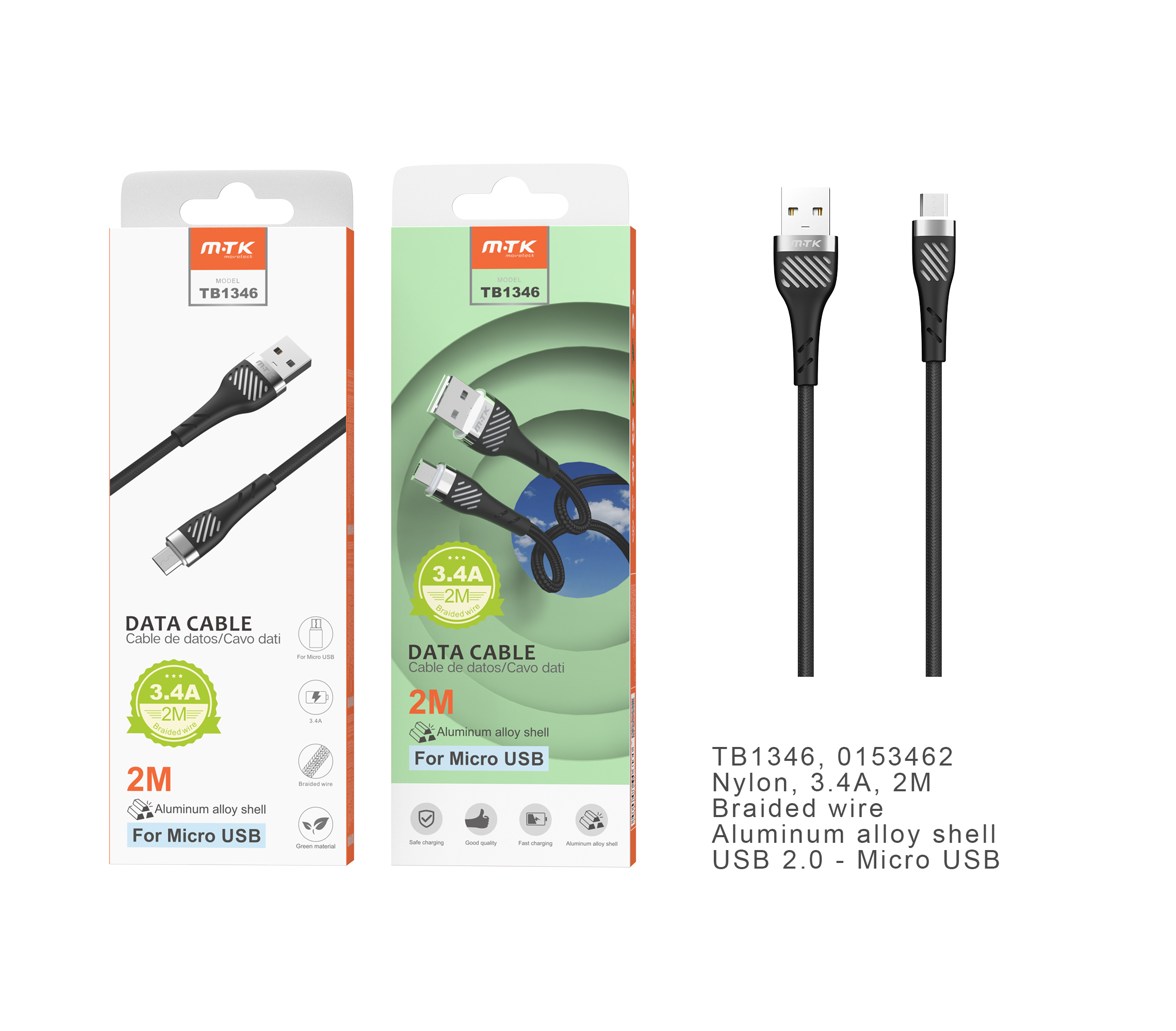 TB1346 NE Cable de datos Camyl nylon trenzado para Micro USB, 2.4A, 2M, Negro