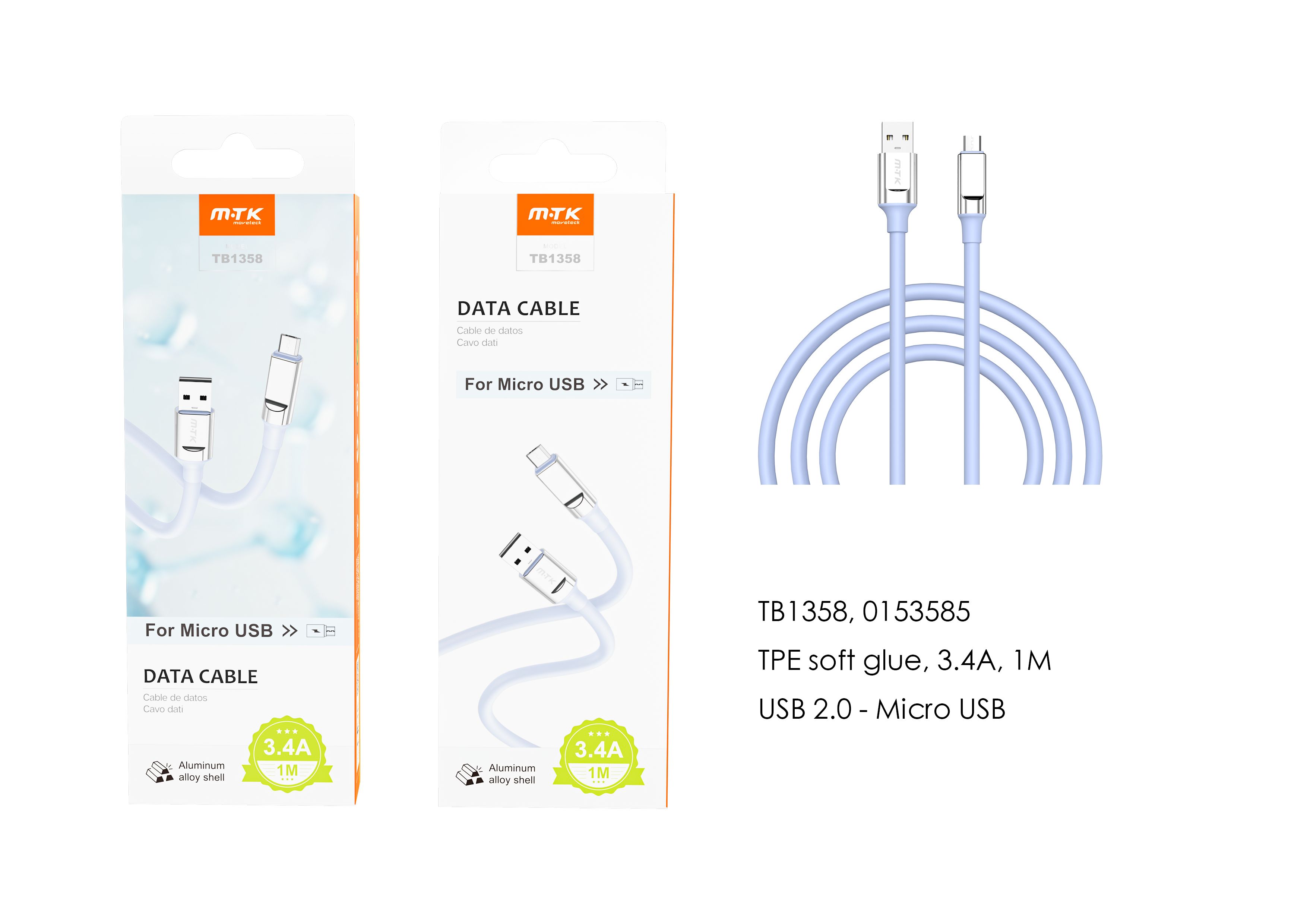 TB1358 BL Cable de Datos Cyril para Micro USB , 1M, 3.4A, Blanco