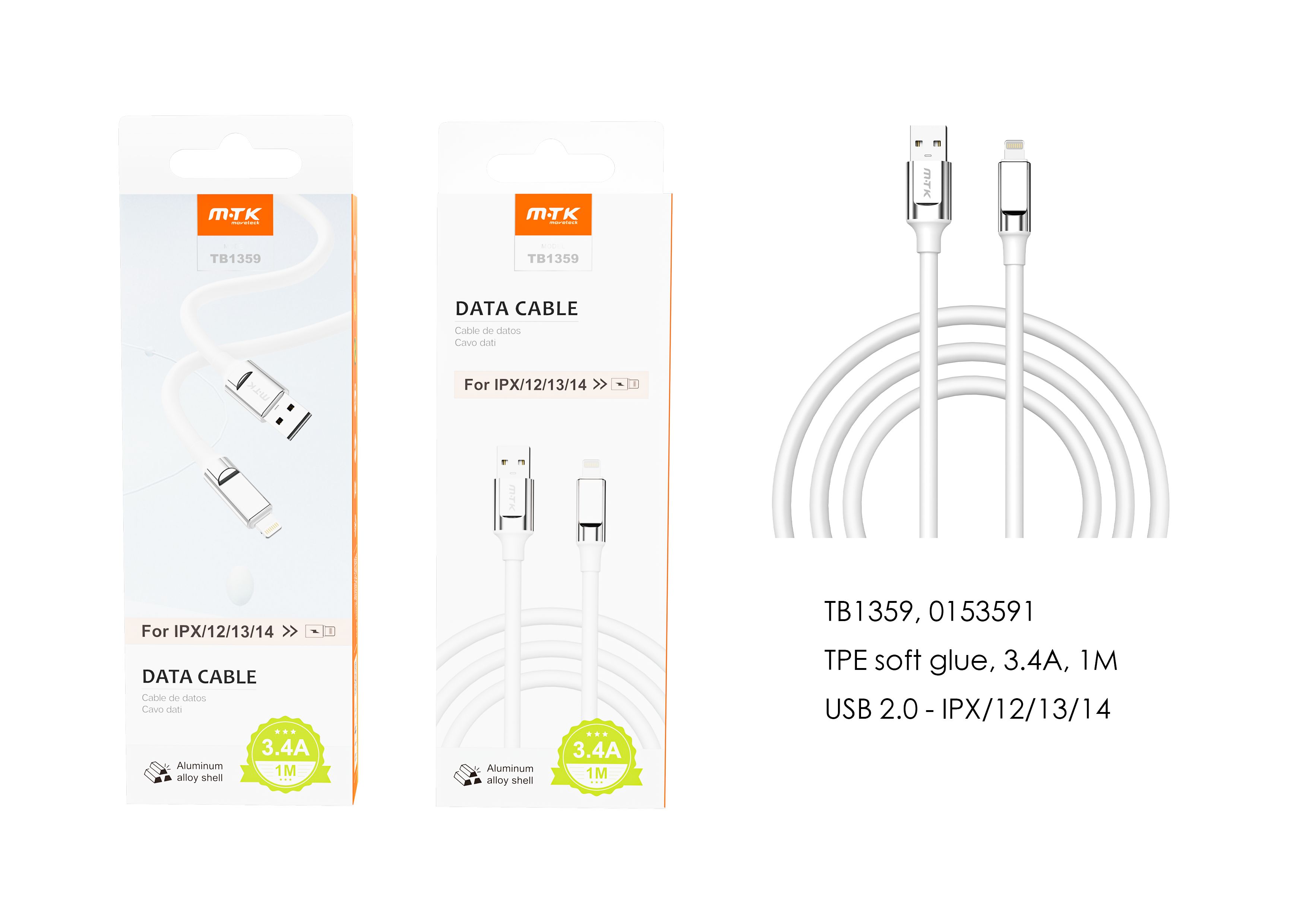 TB1359 BL Cable de datos TPE para Iphone 5-14 , 3.4A, 1M, Blanco
