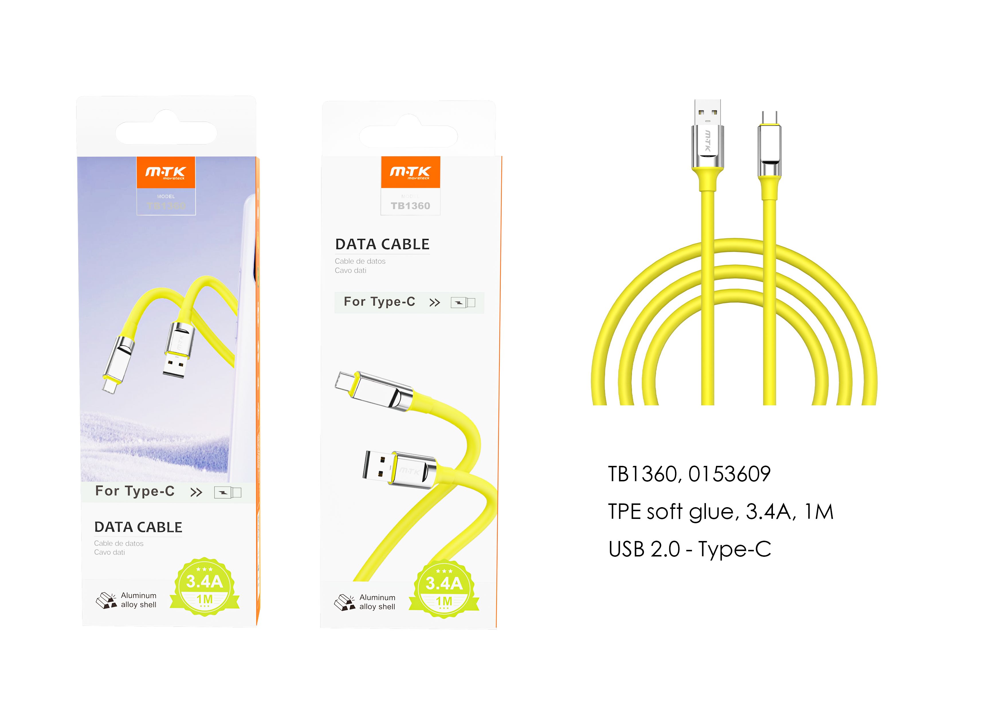 TB1360 AM Cable de Datos Cyril para Type-C , 1M, 3.4A, Amarillo