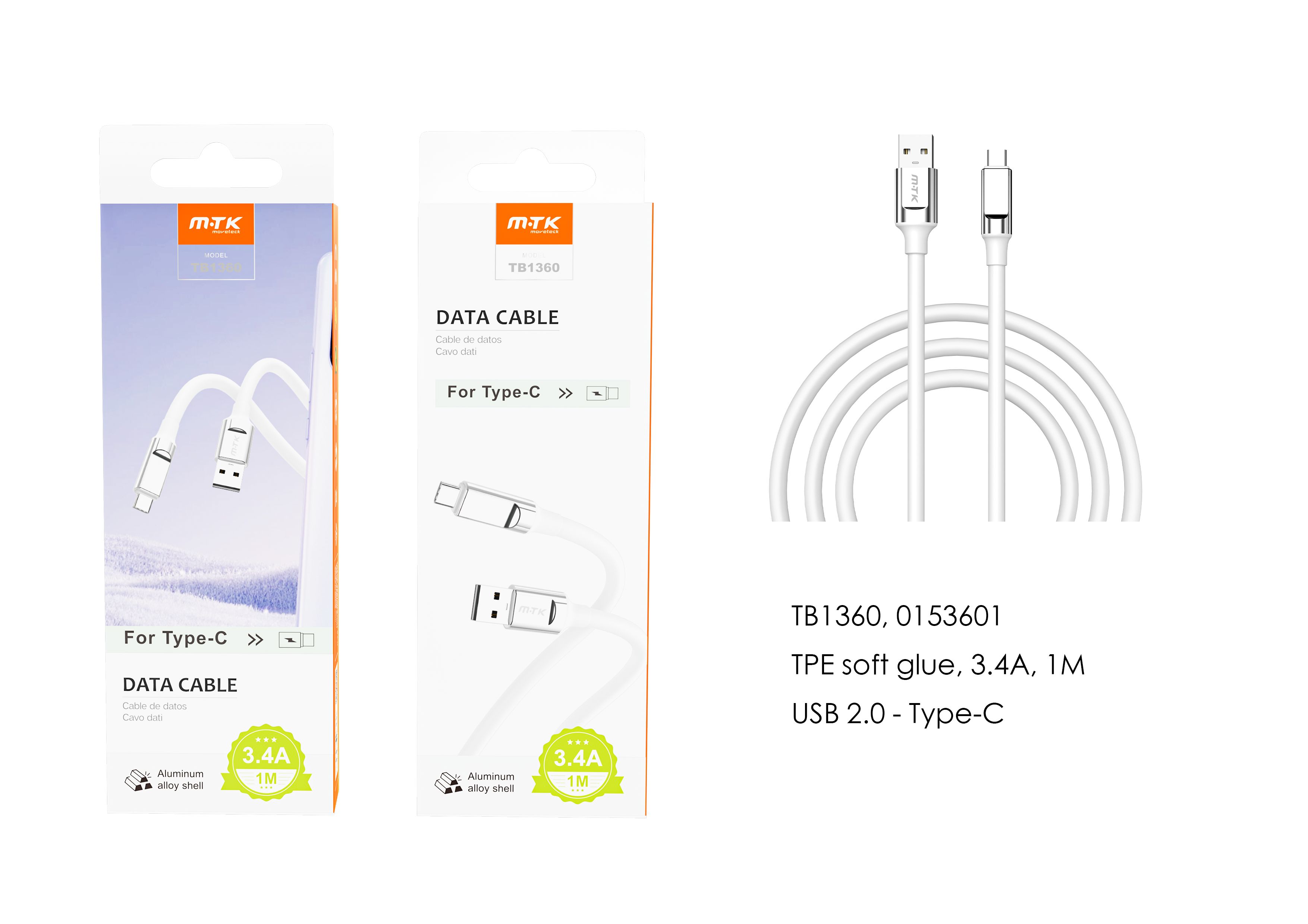 TB1360 BL Cable de Datos Cyril para Type-C , 1M, 3.4A, Blanco