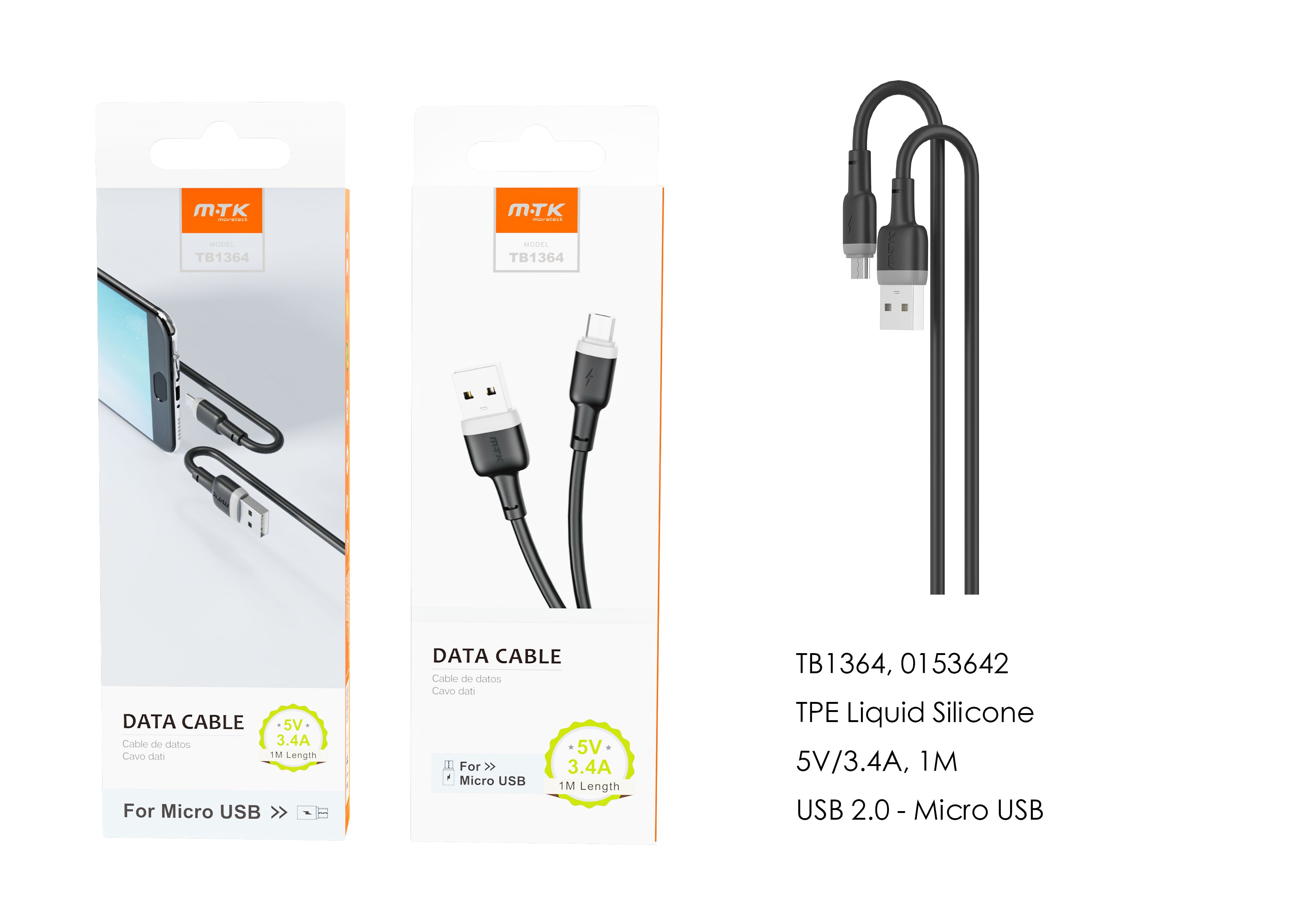 TB1364 NE Cable de Datos Evie para Micro USB, 1M, 5V/3.4A, Negro