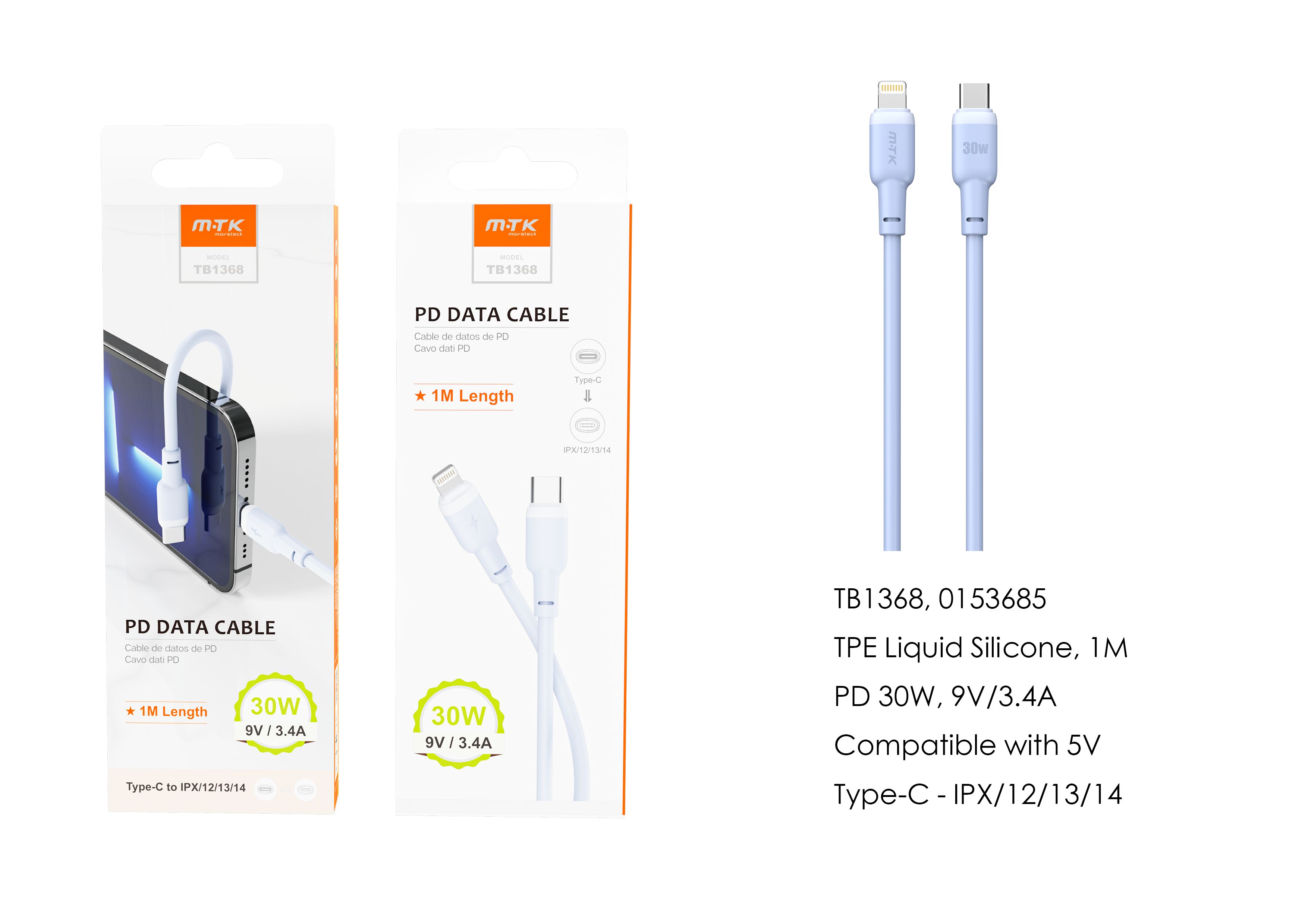TB1368 AZ Cable de datos Evie para Type-C a Lightning , Carga Rapida PD, 30W/9V/3.4A, 1M, Azul