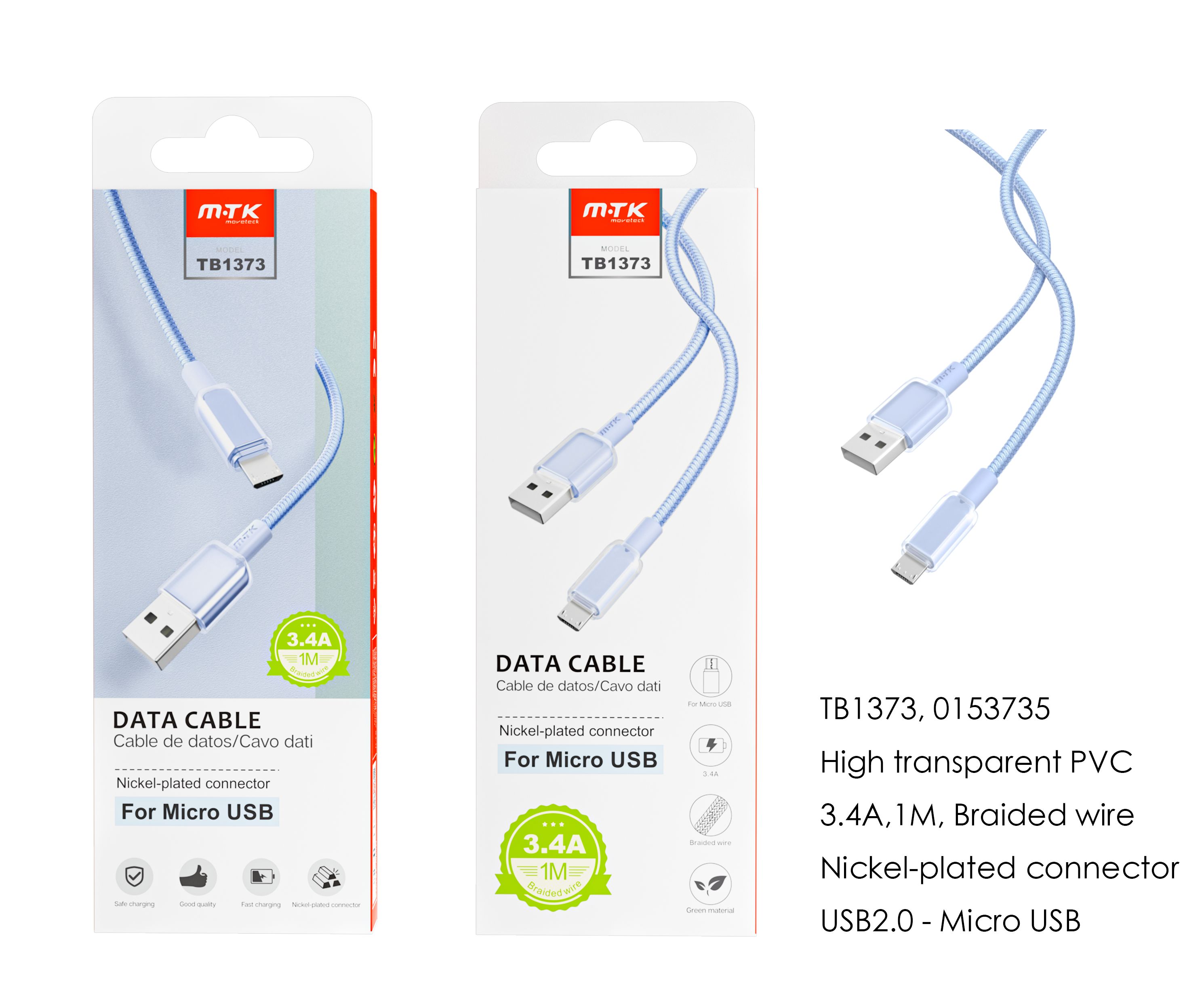 TB1373 AZ Cable de datos Hebe PVC trenzado para Micro USB, 3.4A, 1M, Azul