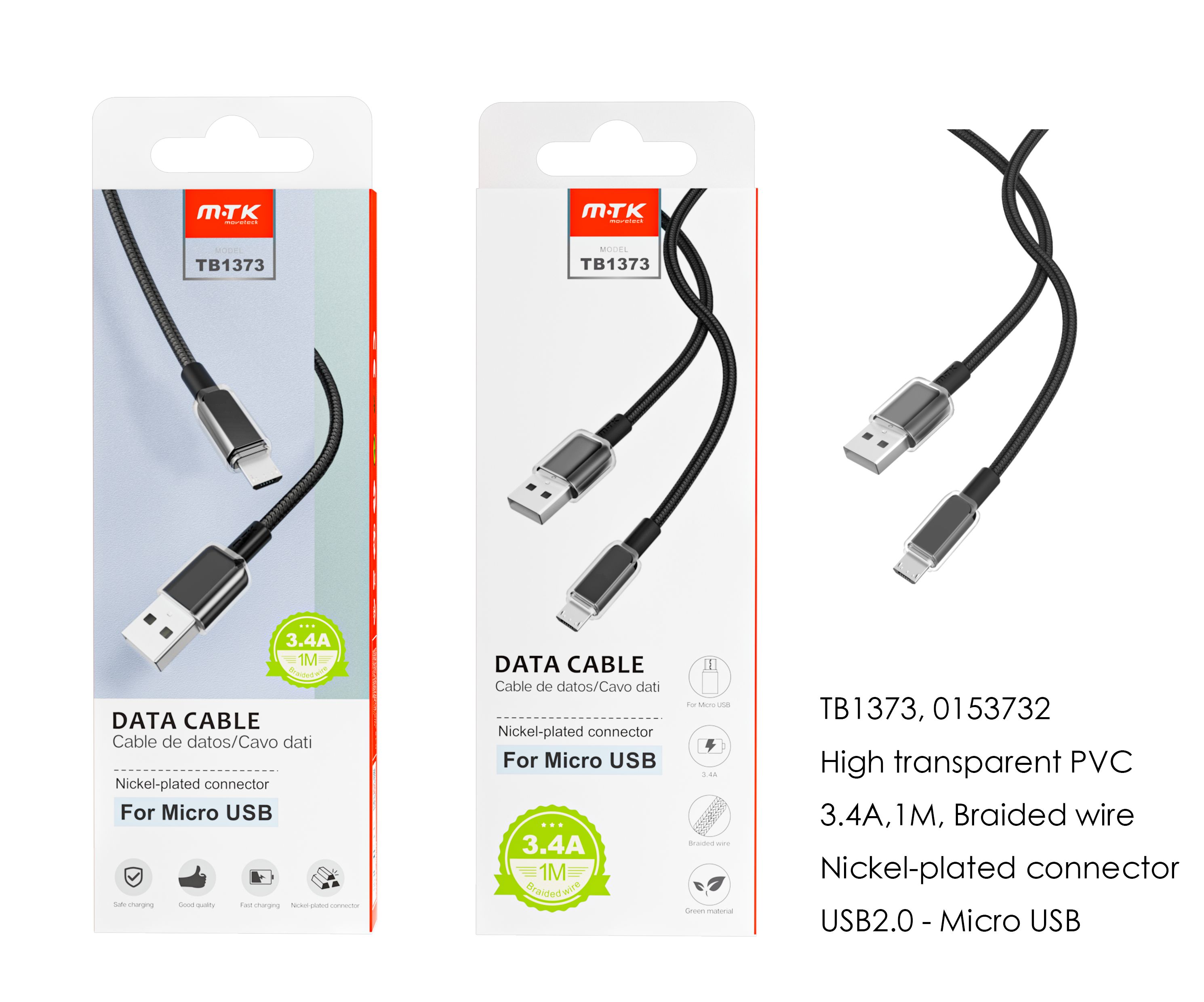TB1373 NE Cable de datos Hebe PVC trenzado para Micro USB, 3.4A, 1M, Negro