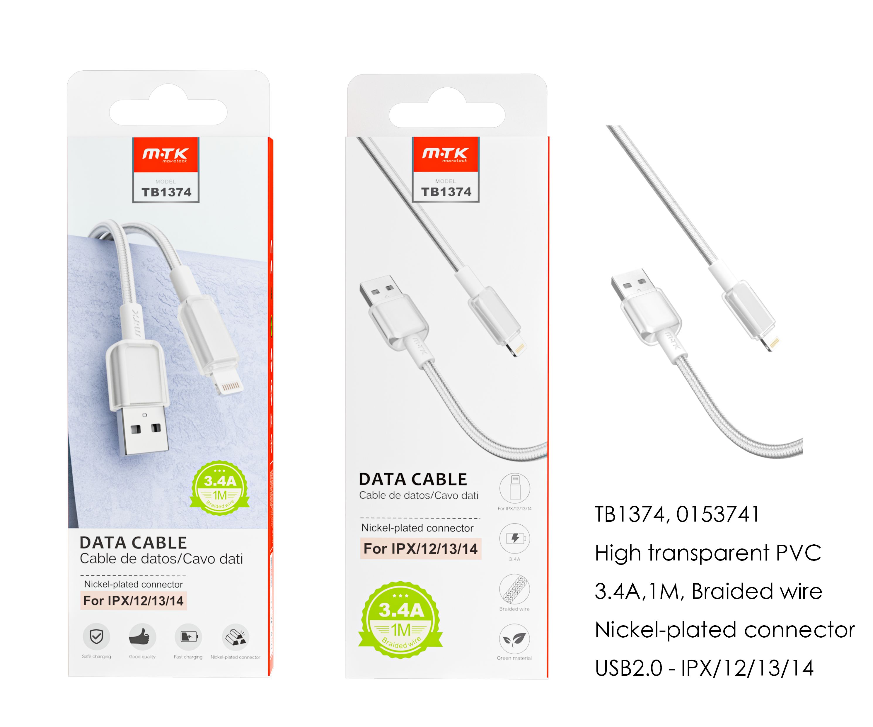 TB1374 BL Cable de datos Hebe PVC trenzado para Iphone 5-14 , 3.4A, 1M, Blanco