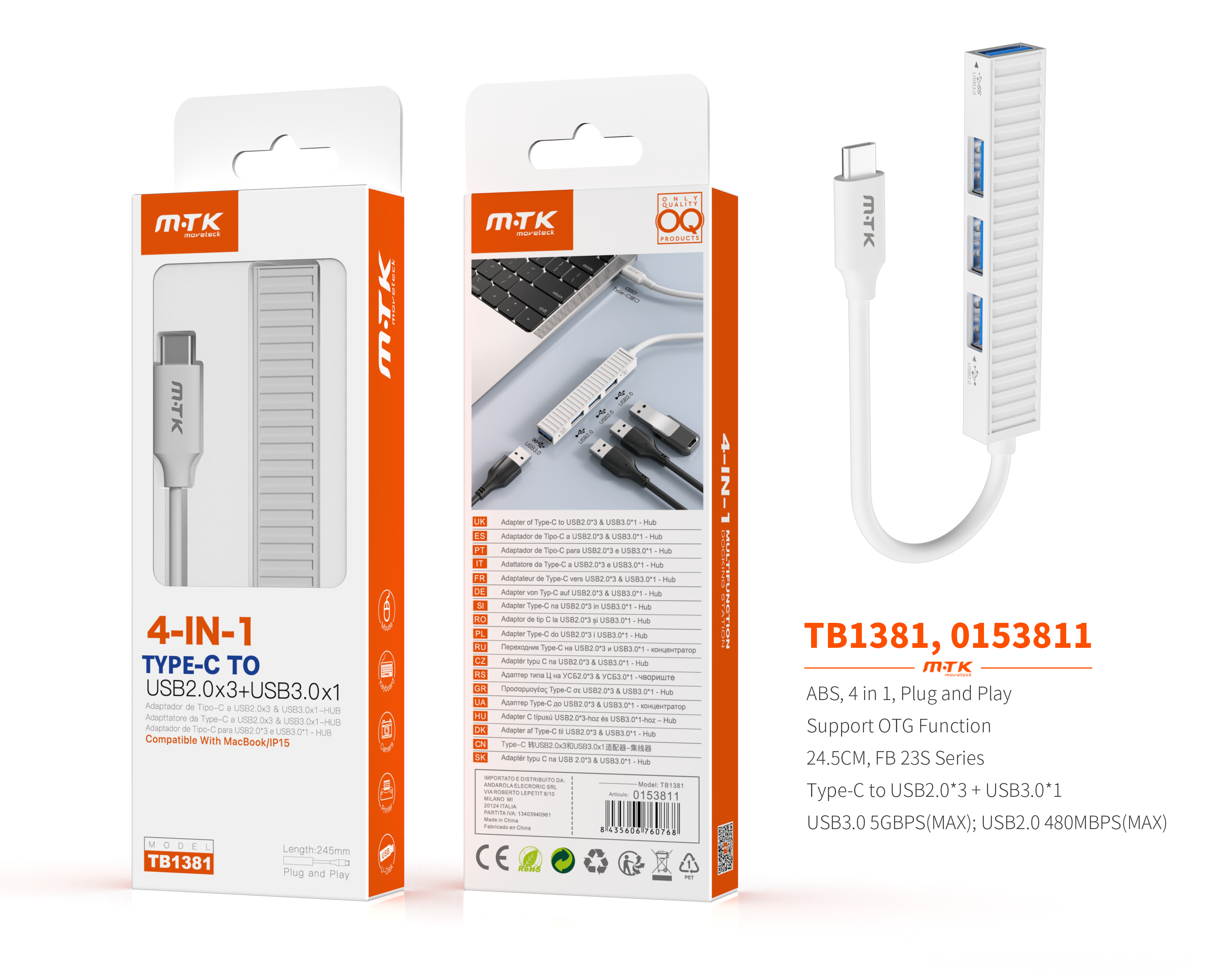 TB1381 BL lector TYPE-C Hub 4 en 1, 3* USB2.0 + 1* USB3.0  Compatible con  OTG, 24.5CM, Blanco