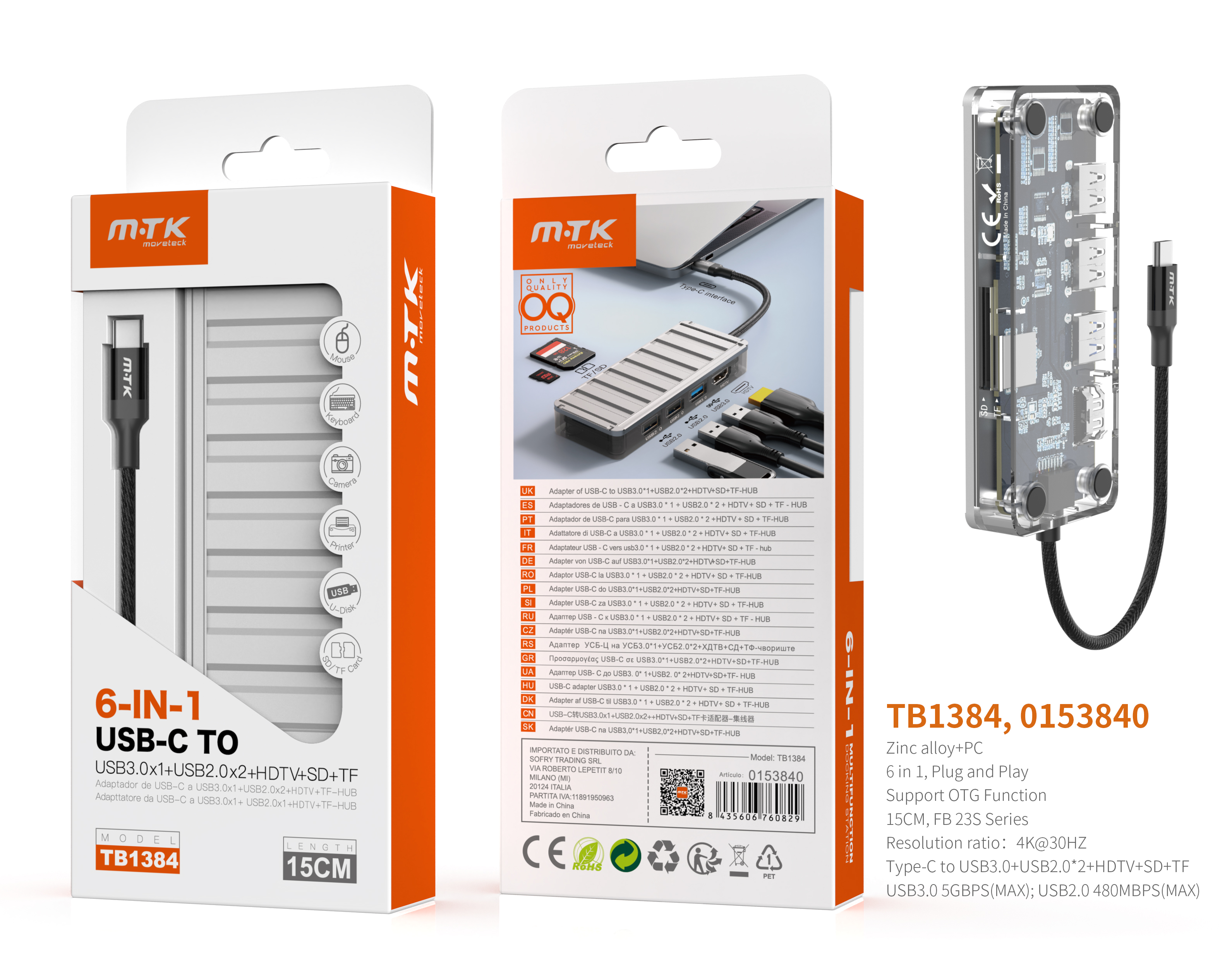 TB1384 BL lector TYPE-C Hub 4 en 1, 2*USB2.0 + 1*USB3.0+HDTV+SD+TF, Compatible con OTG/4K, 15CM, Bla