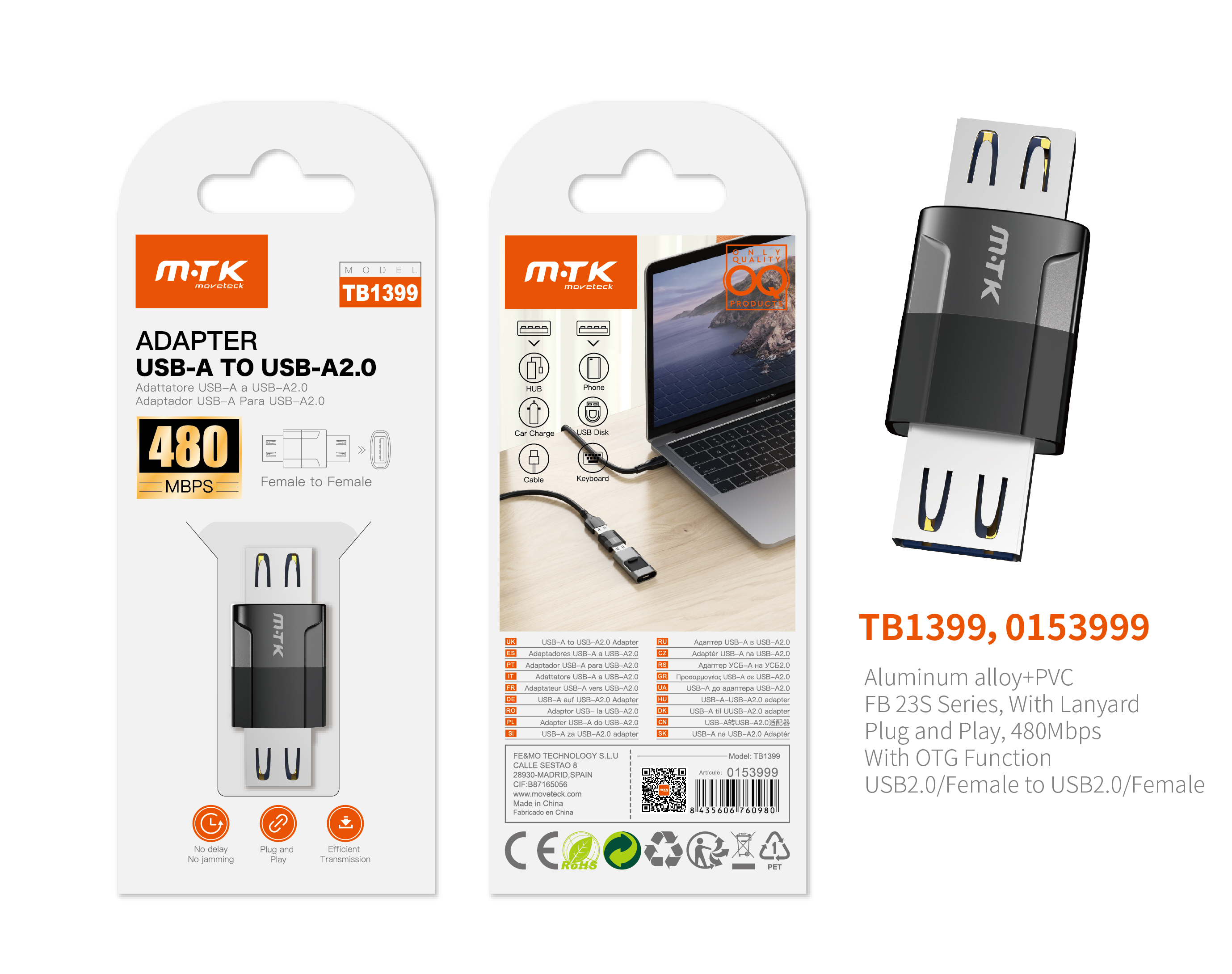 TB1399 NE Adaptador  OTG con Correa  USB 2.0 (Hembra) a USB 2.0 (Hembra), 480Mbps ,Negro