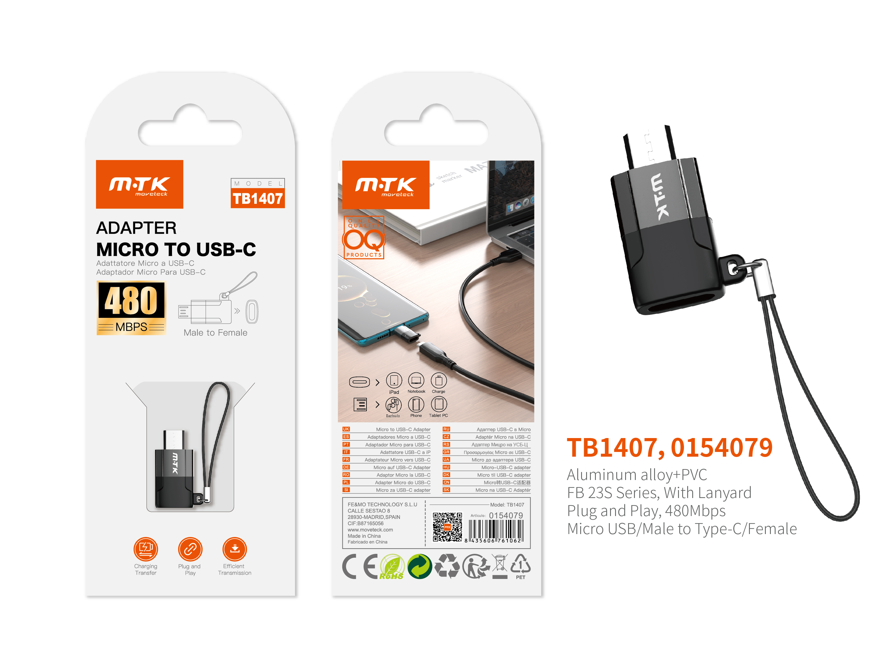 TB1407 NE Adaptador con Correa Micro USB (Macho) a Type-C (Hembra), 480Mbps ,Negro