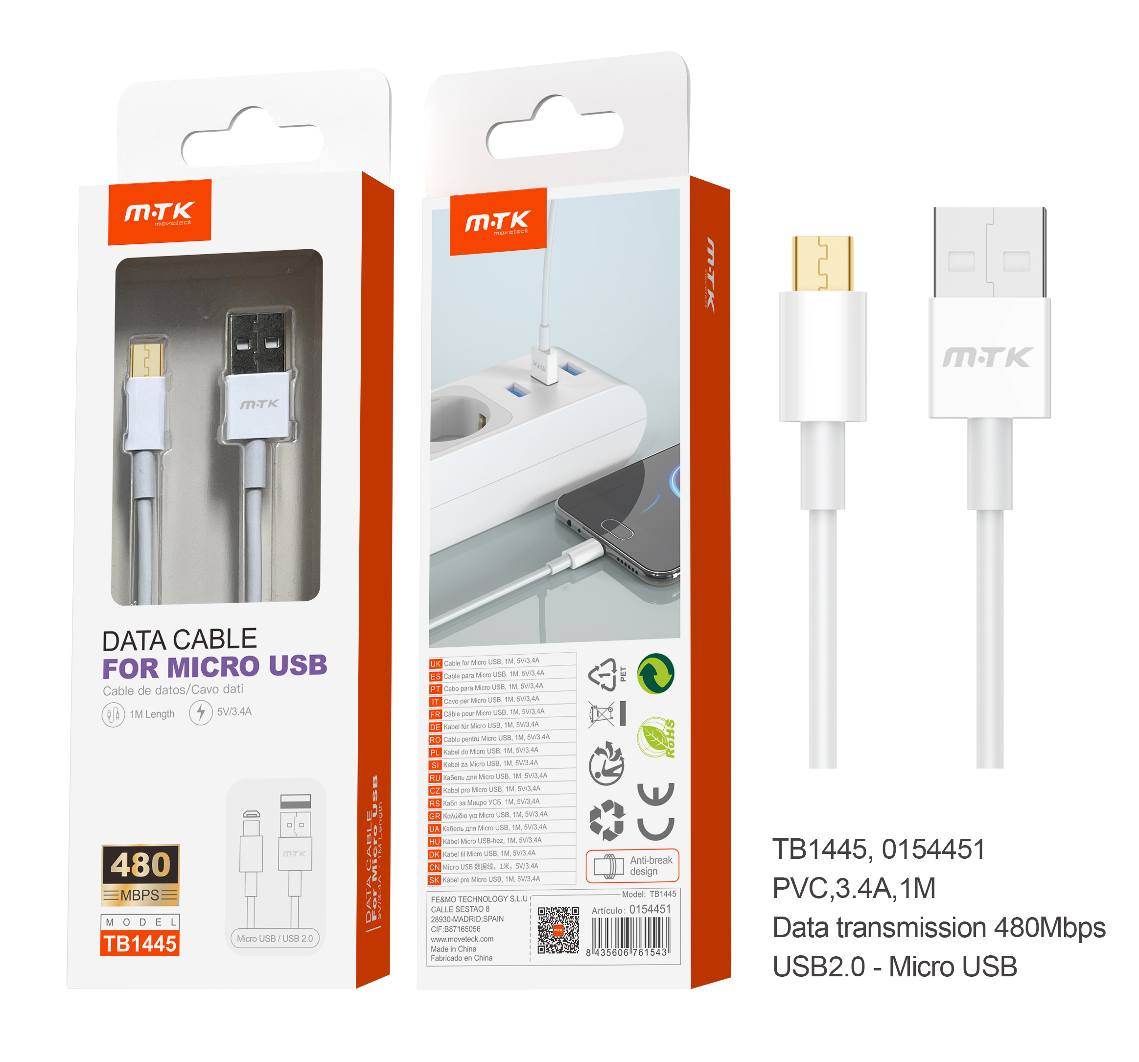 TB1445 BL Cable de Datos PVC Astrid para Micro USB, 480Mbps, 3.4A/5V, Cable 1M, Blanco