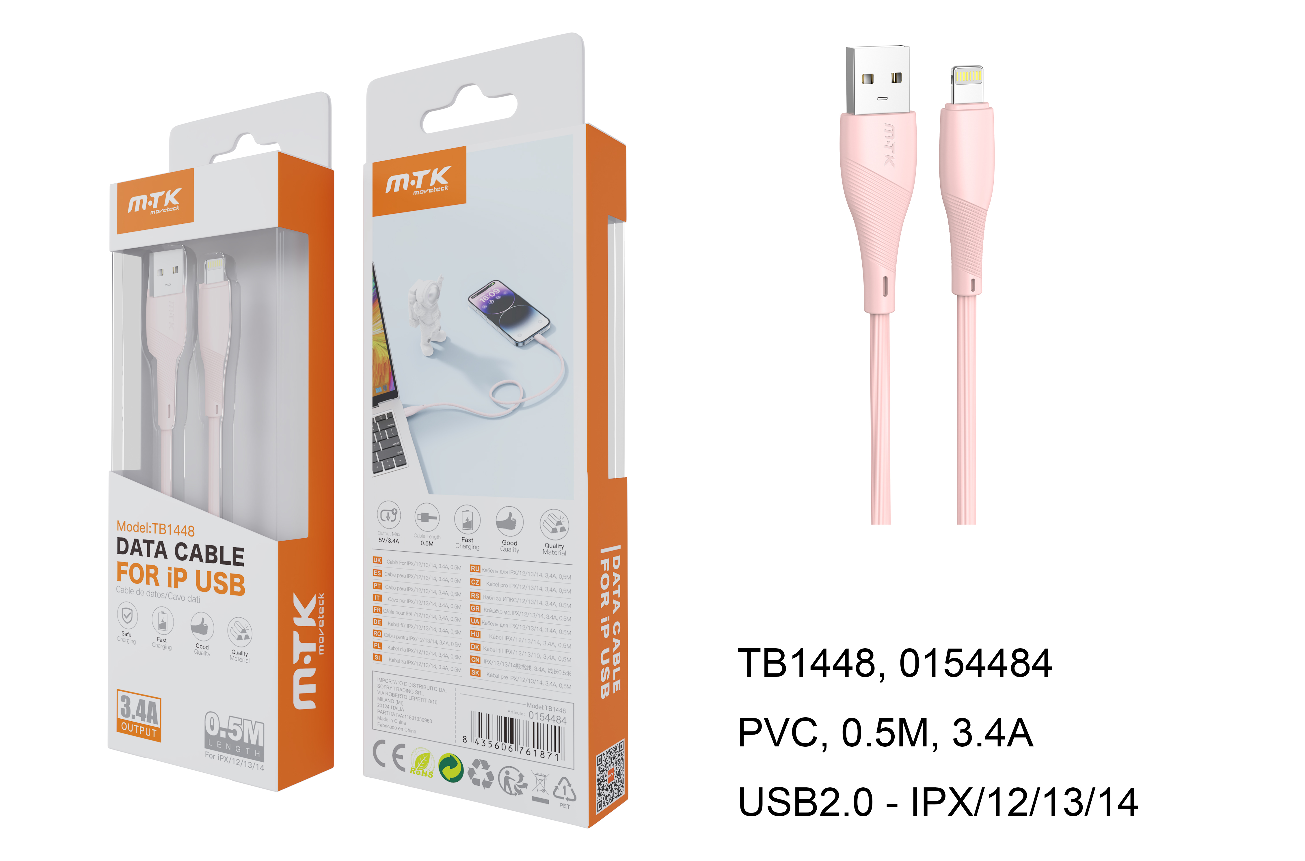 TB1448 RS Mini Cable de Datos Walsh para Iphone 5-14 , 3.4A, Cable 0.5M, Rosa