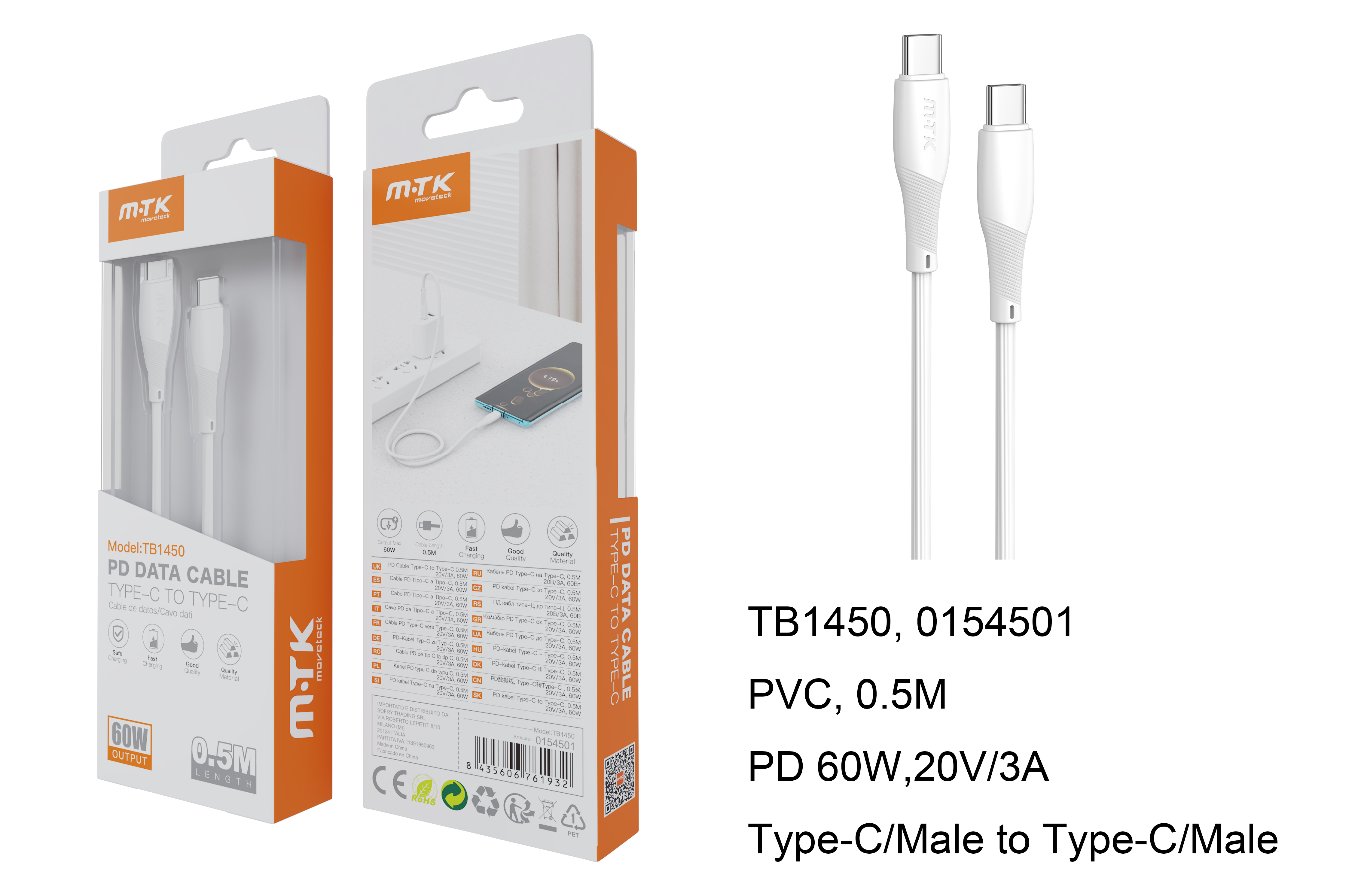 TB1450 BL Cable de Datos Walsh PD Type C a Type C, 60W/20V/3A, Cable 0.5m, Blanco